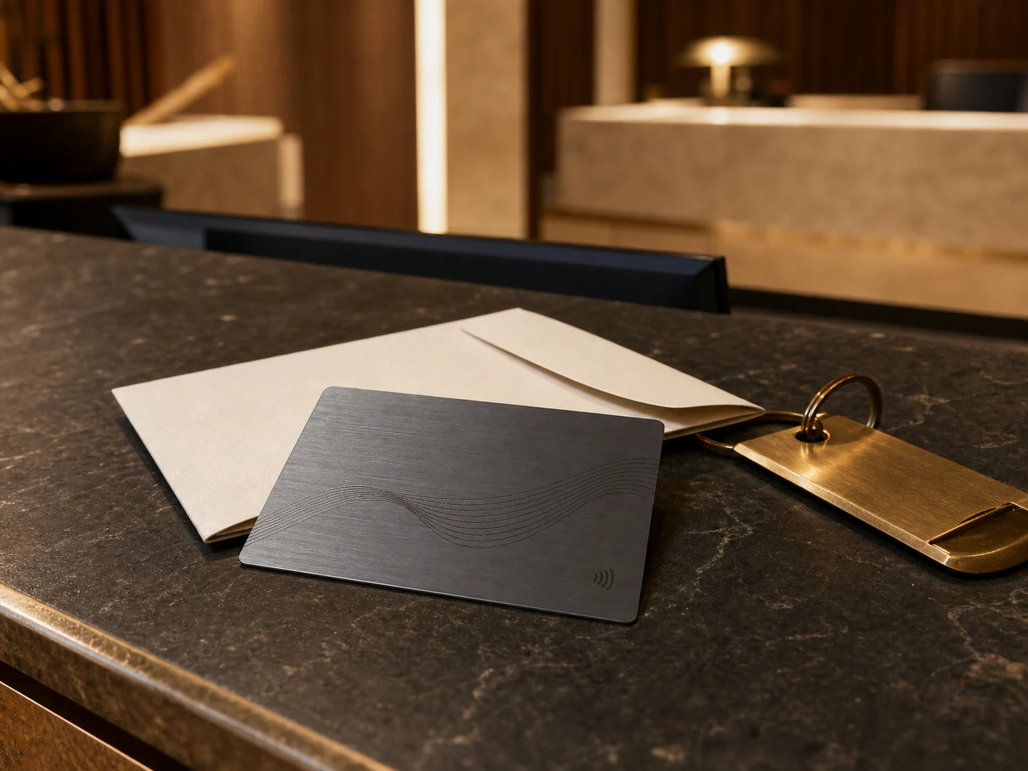 Thin premium RFID room key card on a casino hotel reception counter