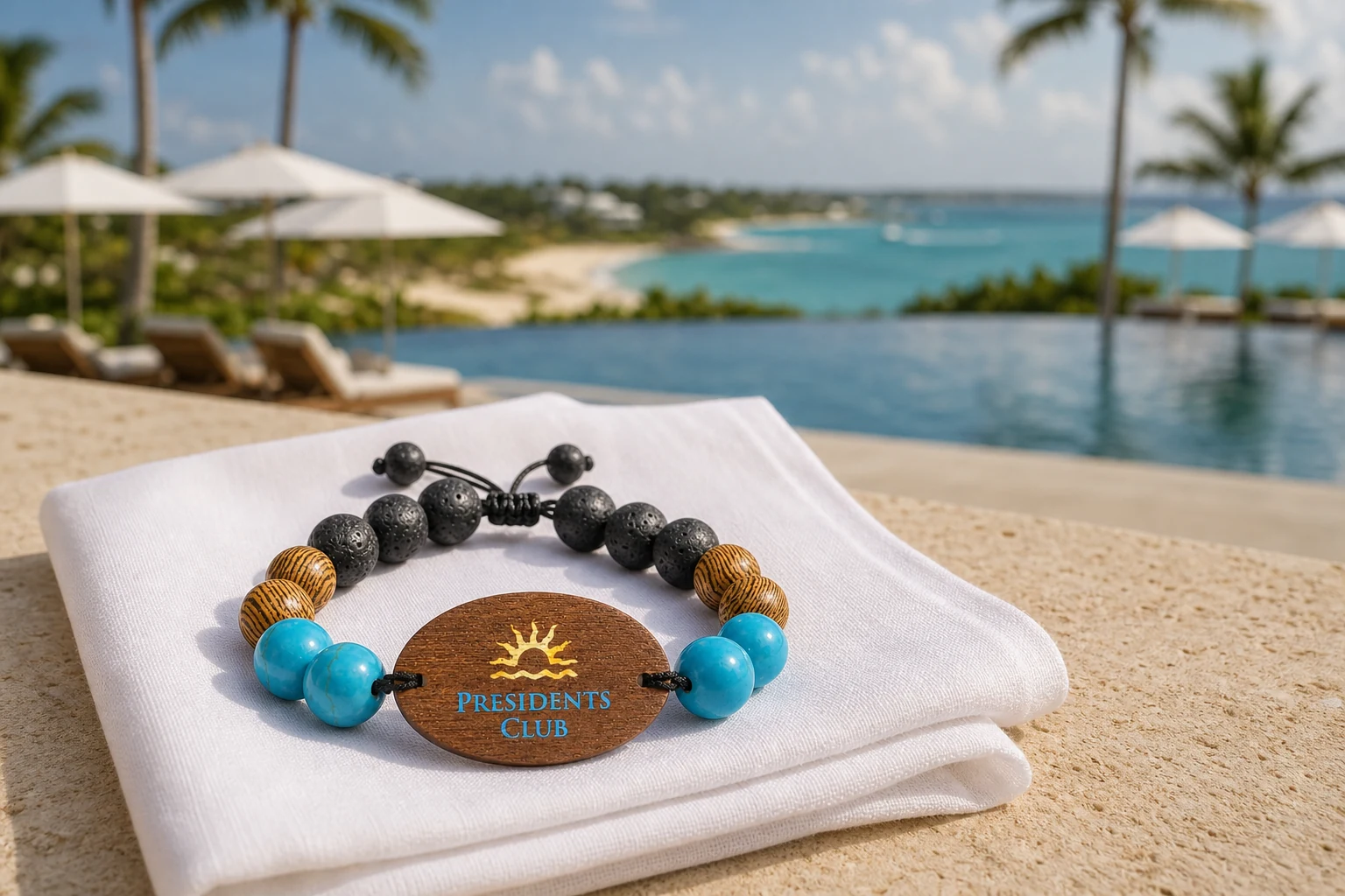 Custom Presidents Club RFID event wristband with turquoise, wood and black beads beside an Anguilla resort pool