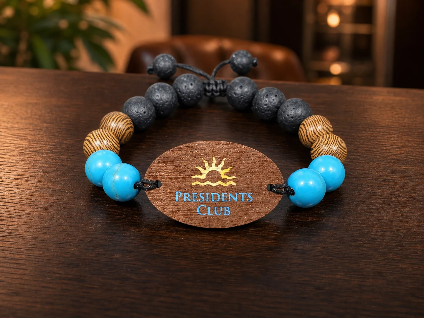 Presidents Club RFID bracelet with a wooden plaque, turquoise beads, striped wood beads and black lava beads