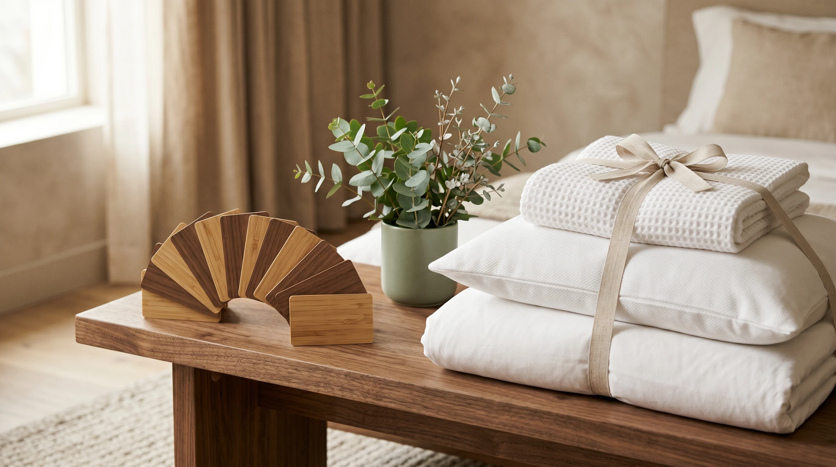Wooden RFID hotel key cards displayed beside folded premium hotel linens on a hotel room console, symbolizing the PrintPlast and InnSupply partnership