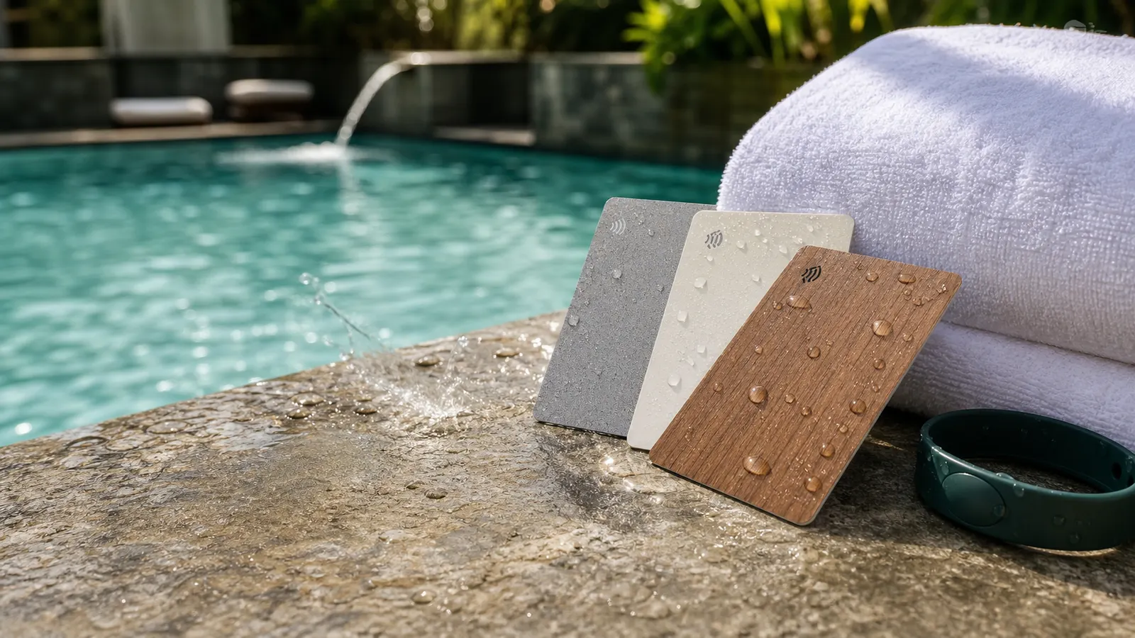 Water droplets on hotel RFID key cards beside a resort pool
