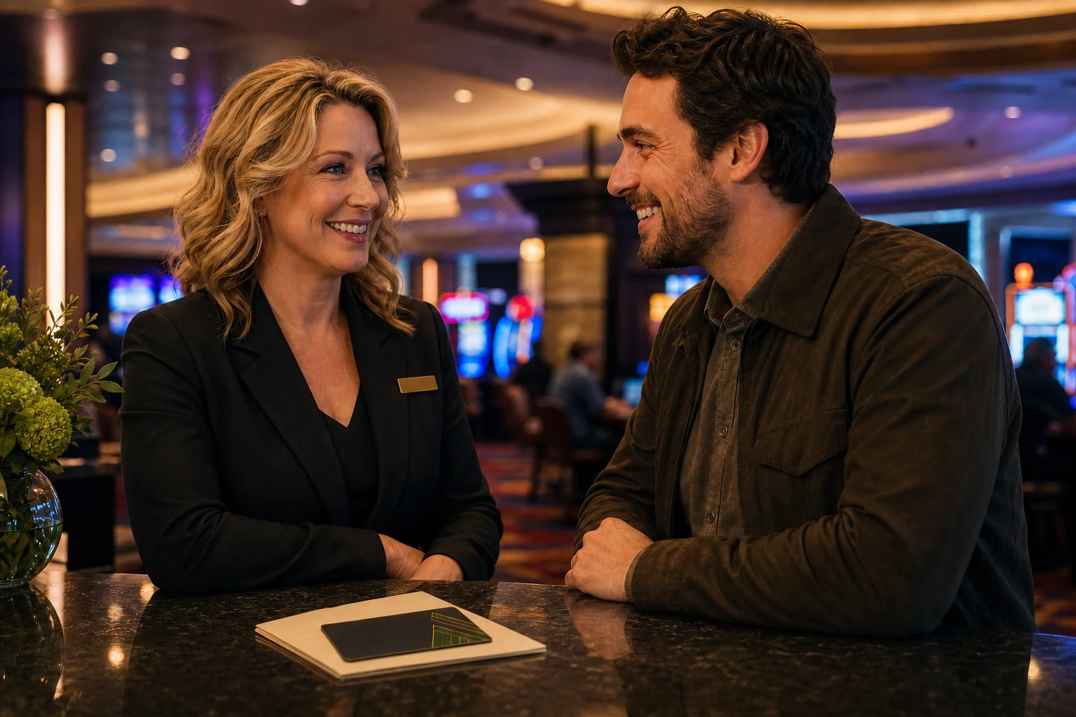 Casino membership attendant handing a newly issued player card to a guest at the enrollment counter