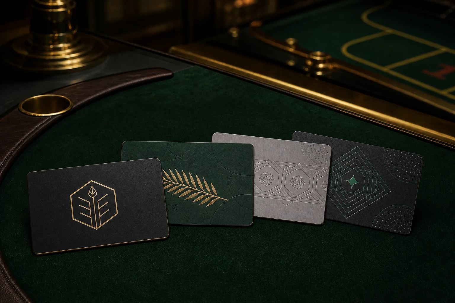 Four thin CR80 casino player cards showing matte foil, spot UV, brushed metallic and pearlescent print finishes