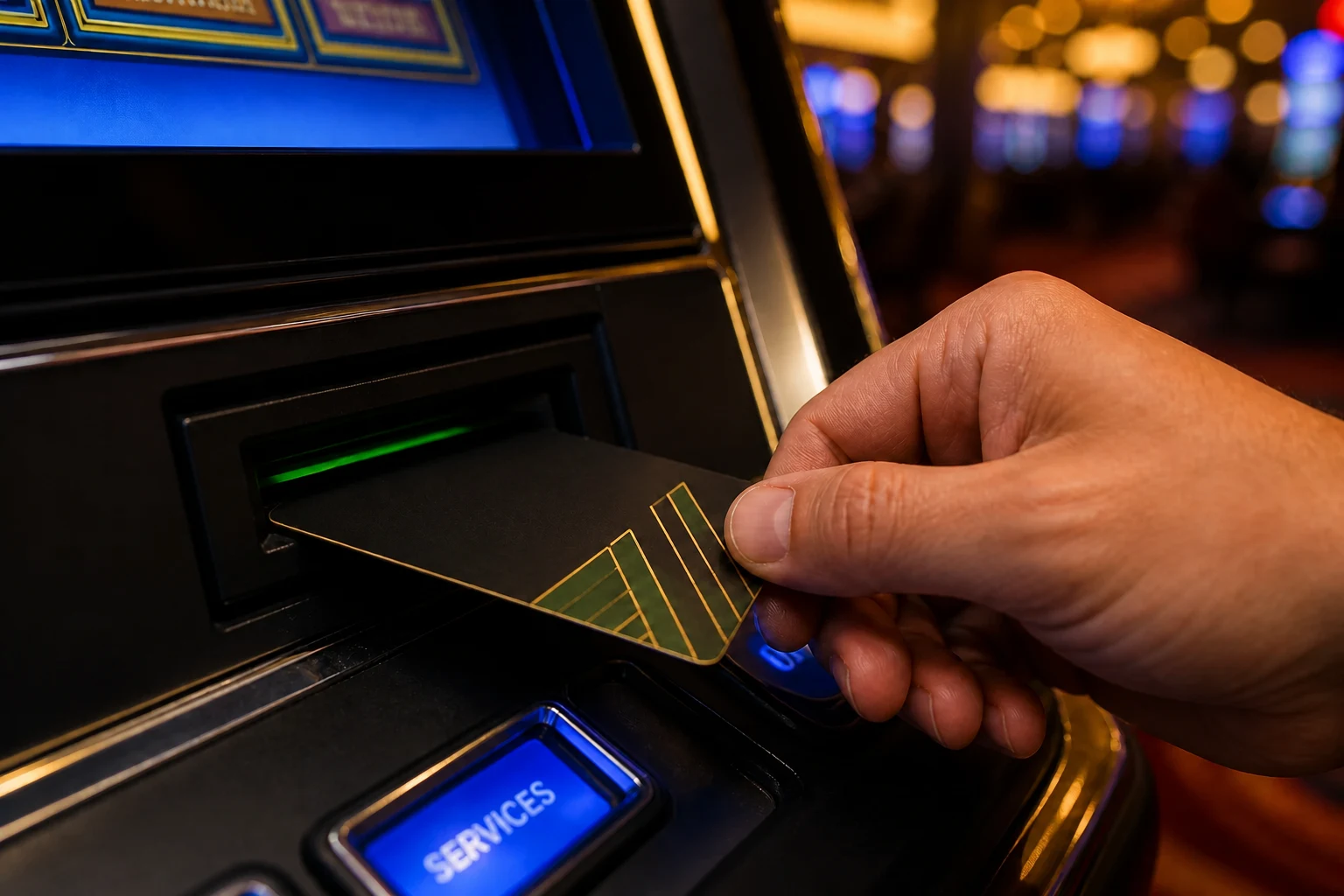 Guest inserting the same casino player card into a slot-machine loyalty reader