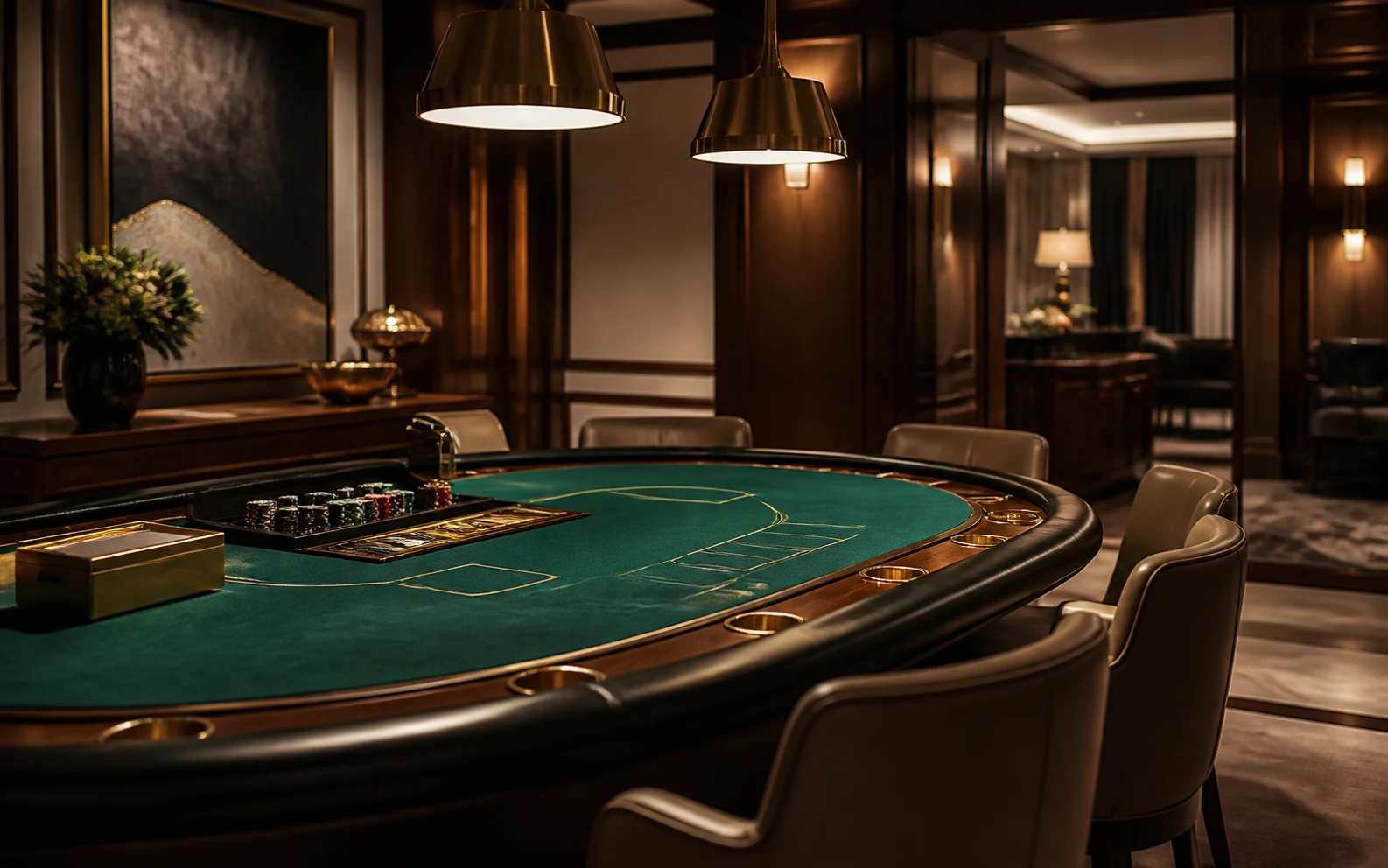 Private casino salon with emerald gaming table and warm walnut detailing