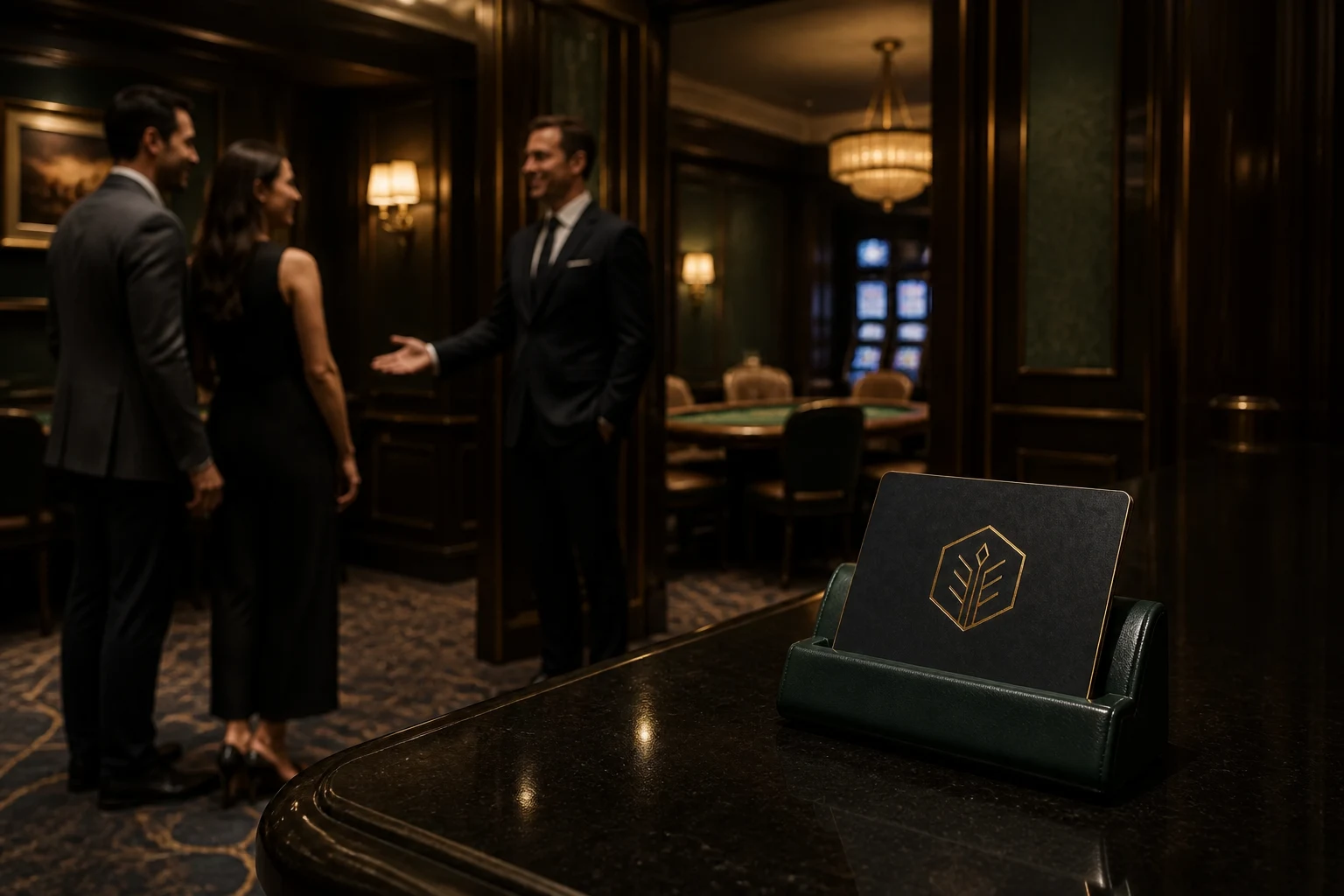 Premium black and gold casino VIP card presented at the entrance to a private gaming lounge