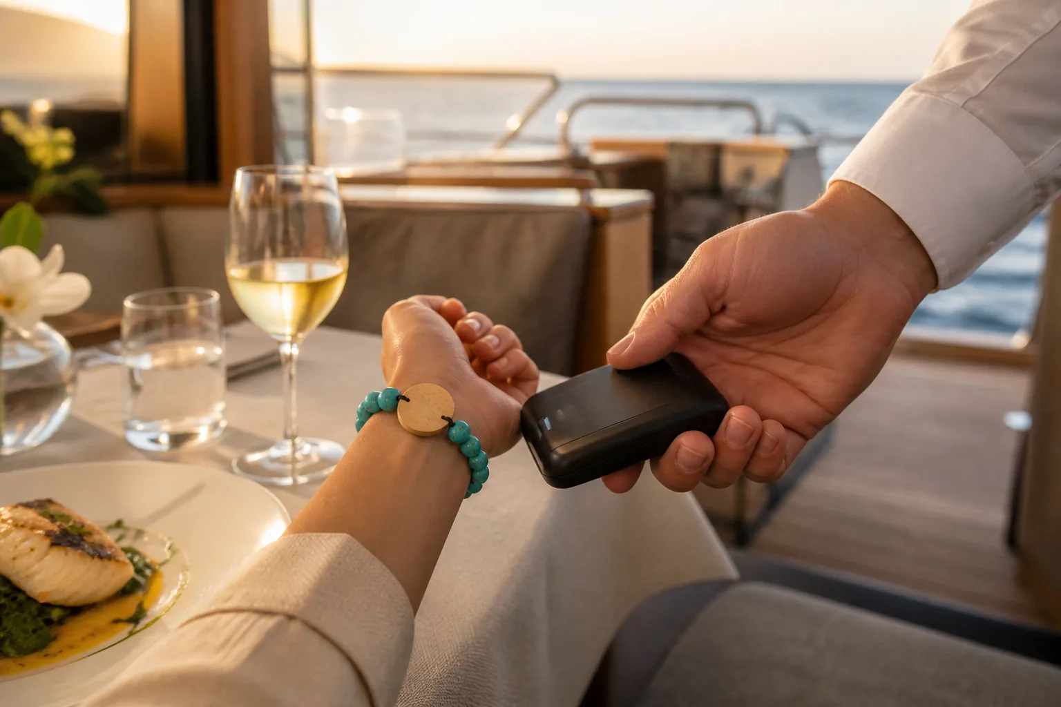 Cruise guest presenting a turquoise bead RFID wristband to a handheld reader during dinner aboard a luxury yacht