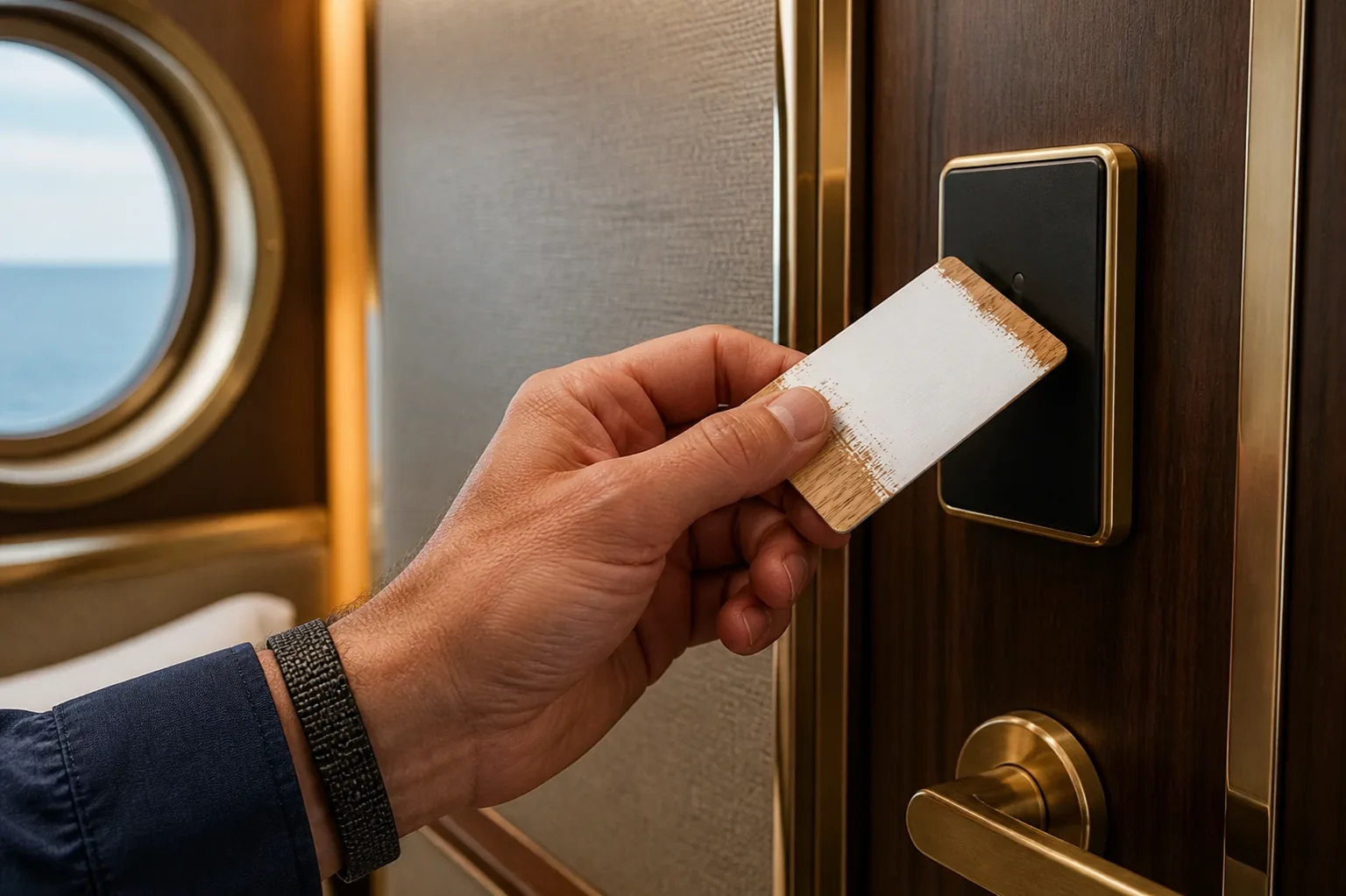 Cruise guest presenting a thin blank natural wood RFID cabin key to a reader beside a walnut suite door and ocean porthole