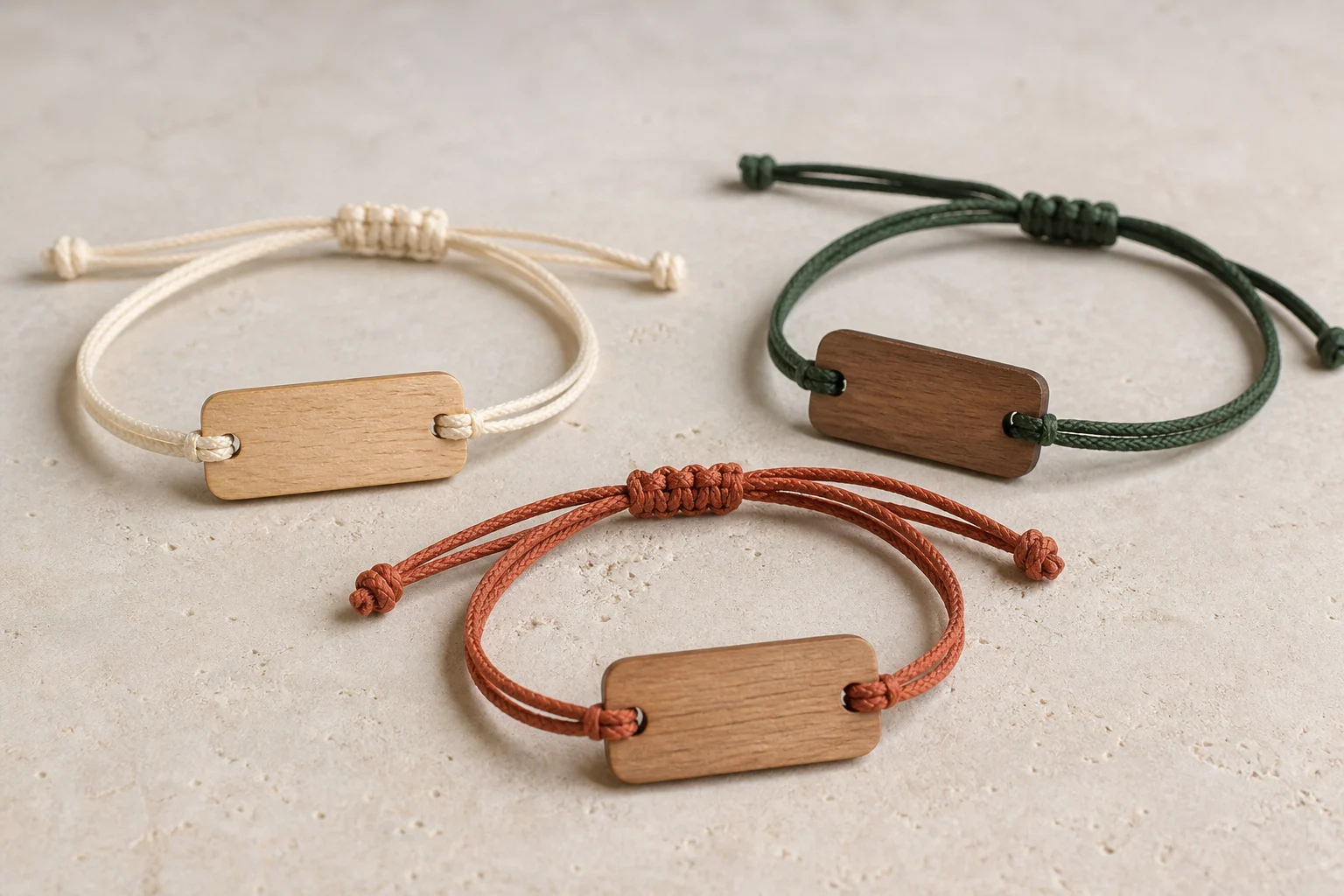 Production visualization of three blank cotton-cord RFID wristbands with natural wood plaques