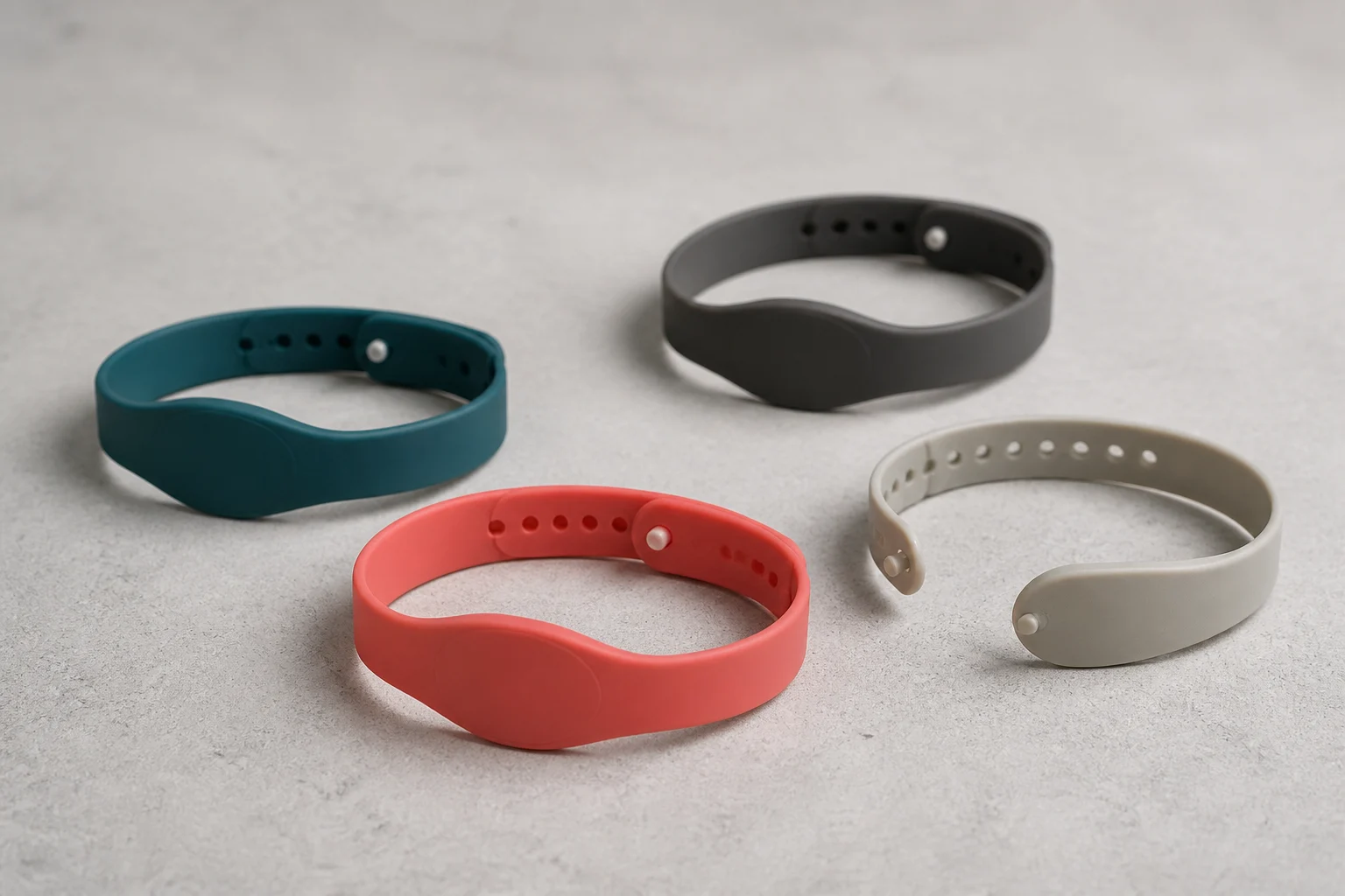 Production visualization of blank reusable silicone RFID wristbands in coral, teal, charcoal and pale gray