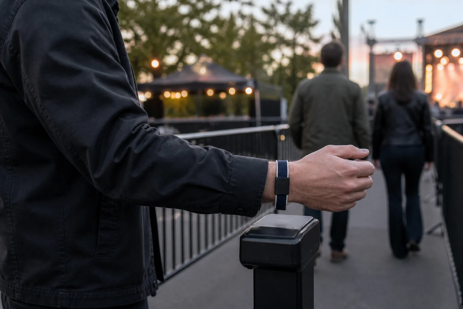 Event attendee presenting a navy woven RFID wristband at an outdoor admission gate