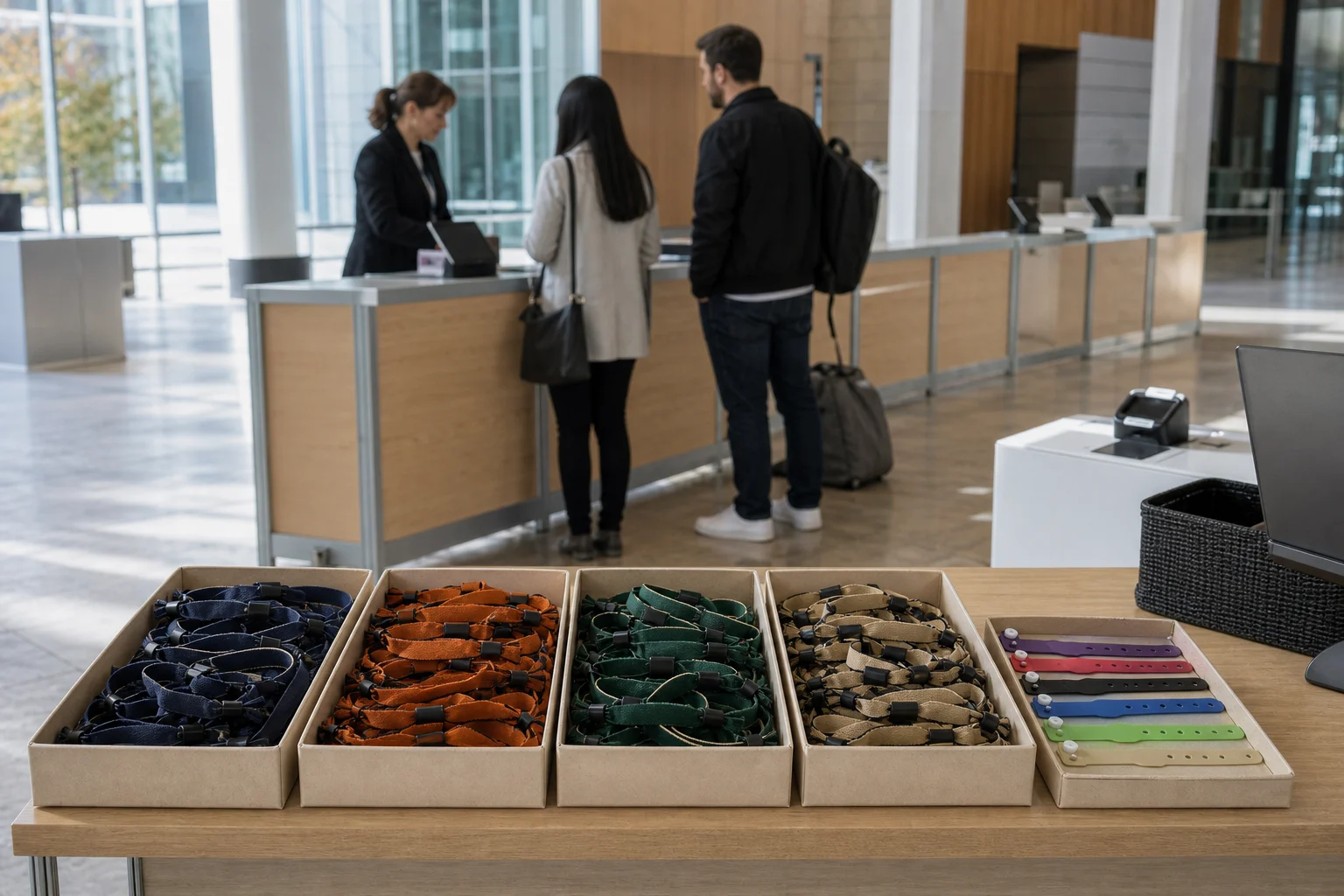 Color-separated woven and single-use PVC RFID wristband batches at a live event registration desk