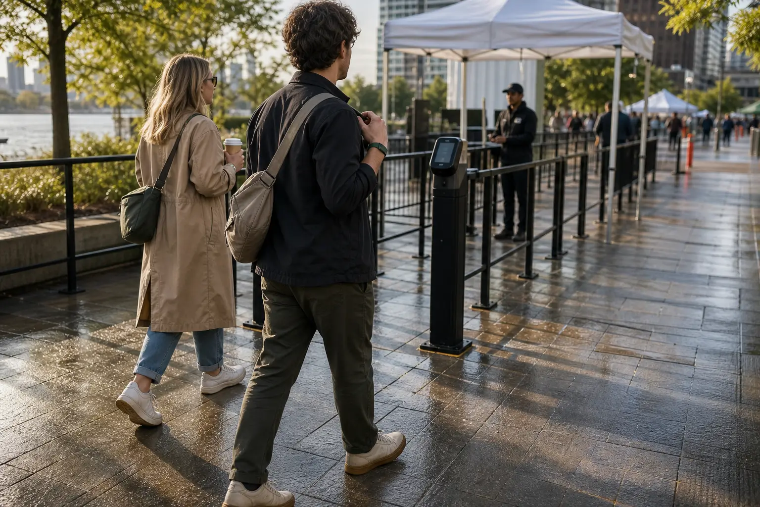 Two guests returning to a riverside event with a green woven RFID wristband visible in morning light