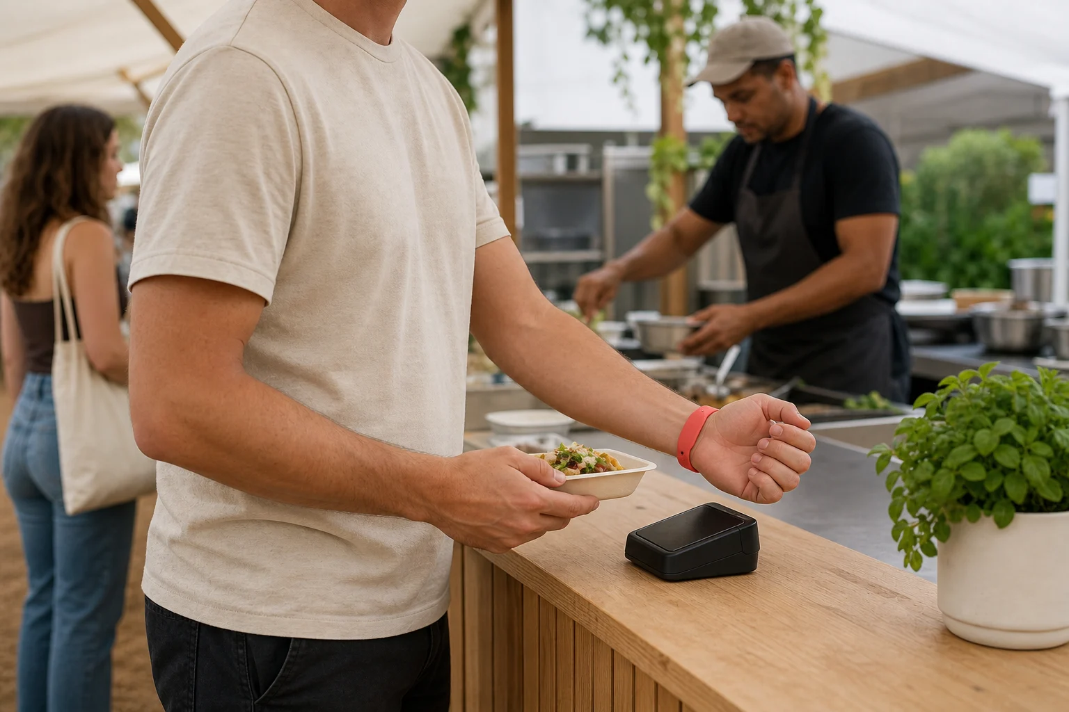 Food-festival guest presenting a coral silicone RFID wristband at a contactless terminal