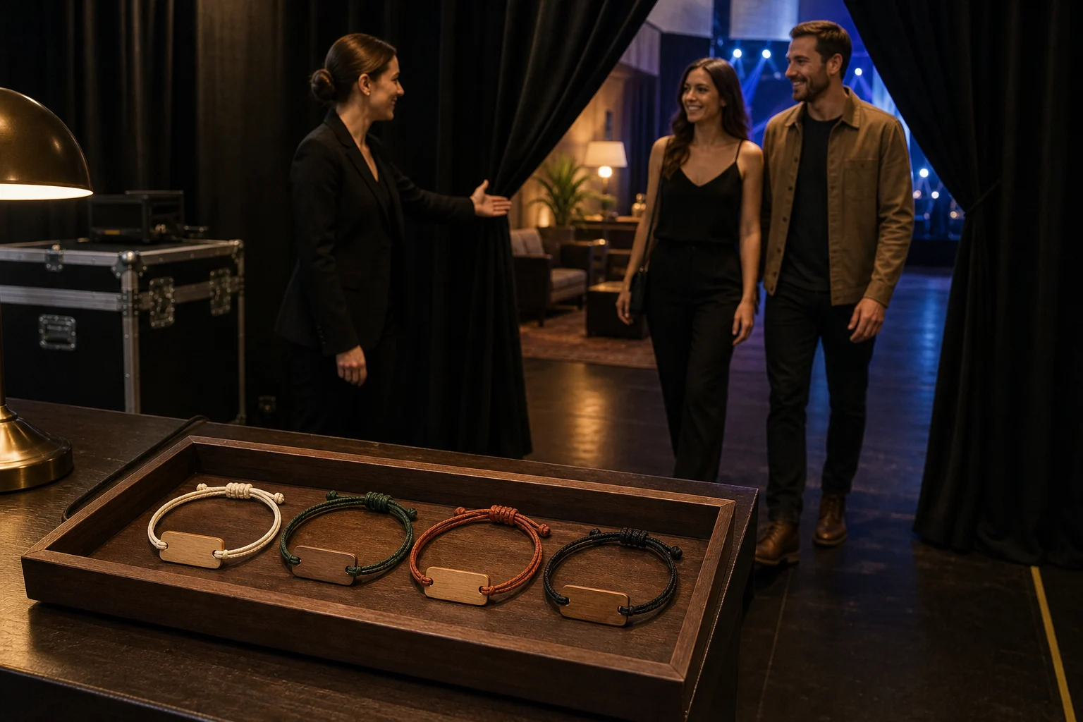 Blank wood-and-cord RFID wristbands prepared on a host podium as guests enter a backstage lounge
