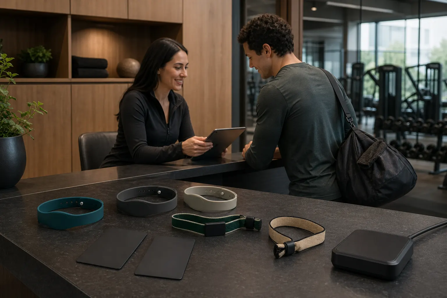 Product-led gym membership desk scene with silicone and woven RFID wristbands, blank cards and an encoder