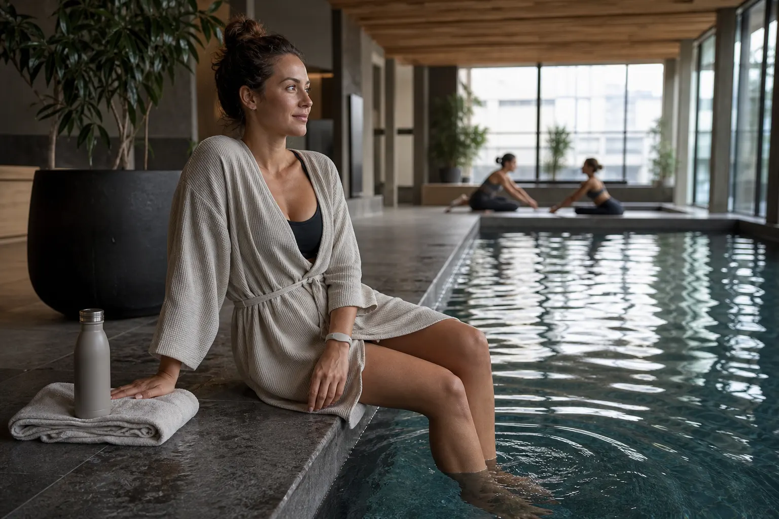 Woman wearing a pale-stone silicone RFID wristband beside an indoor fitness club recovery pool