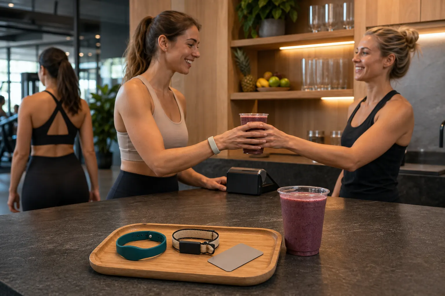 Product-led fitness nutrition bar scene with silicone and woven RFID wristbands, blank membership card and women members