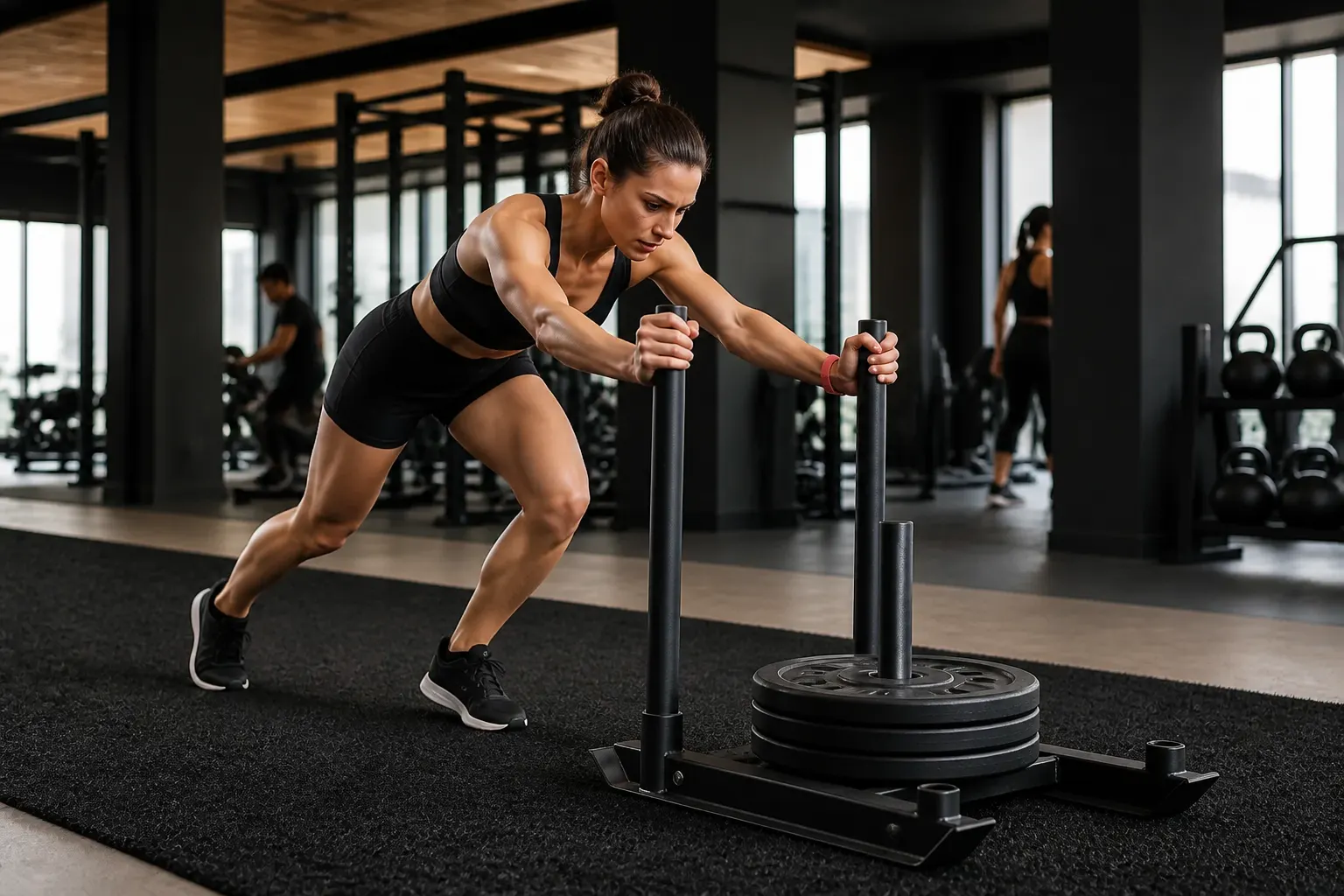 Woman pushing a weighted training sled while wearing a coral silicone RFID gym wristband