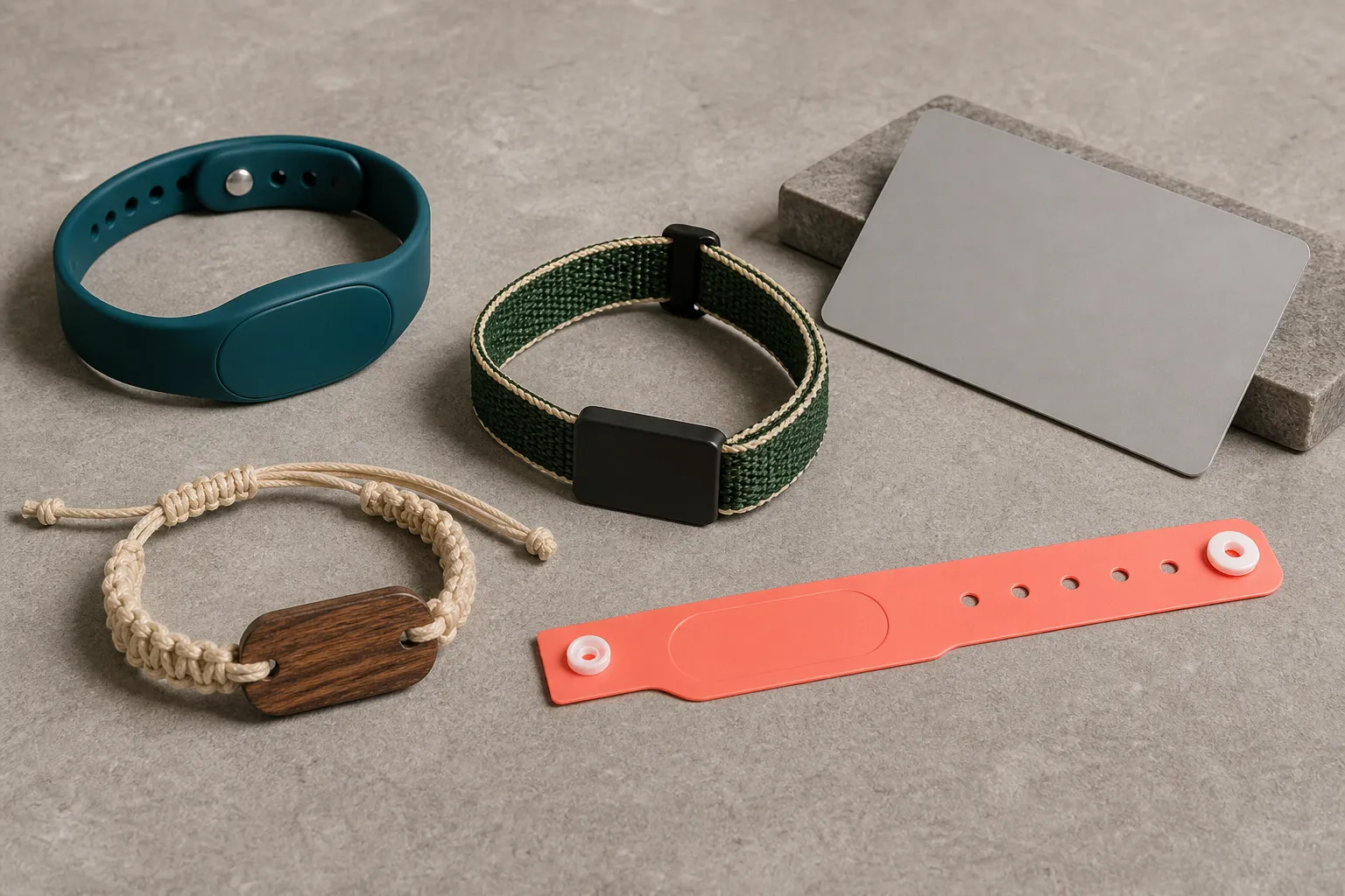 Production visualization of silicone, woven, cotton-cord wood, membership card and single-use PVC RFID gym credentials
