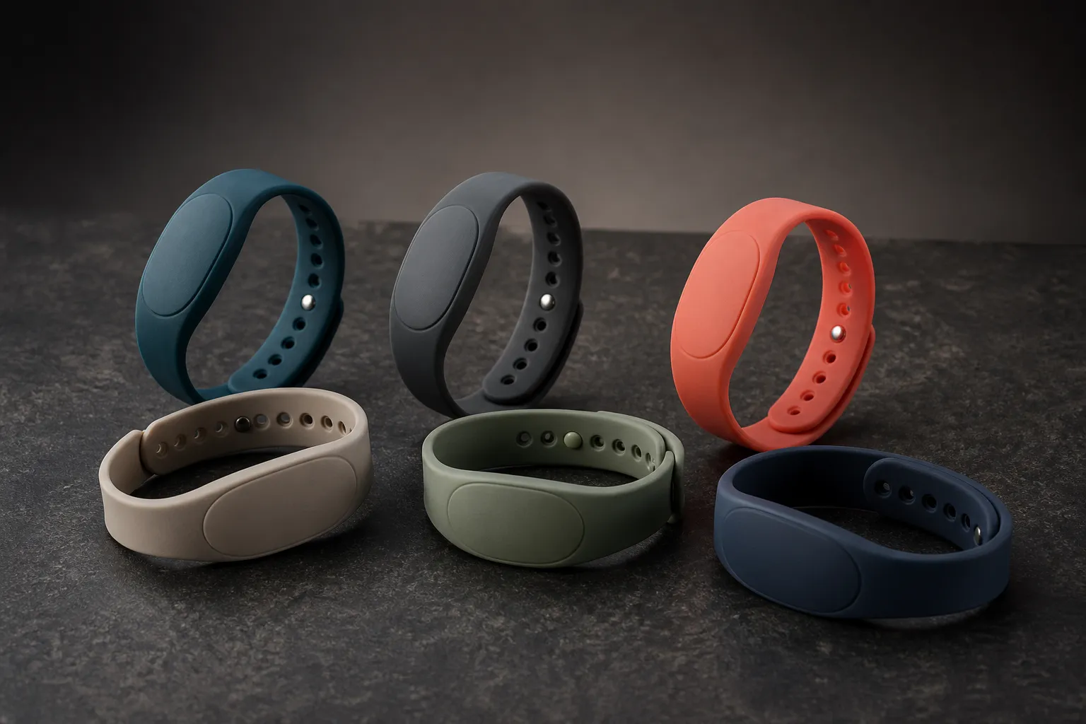 Production visualization of six adjustable silicone RFID wristbands for gym membership