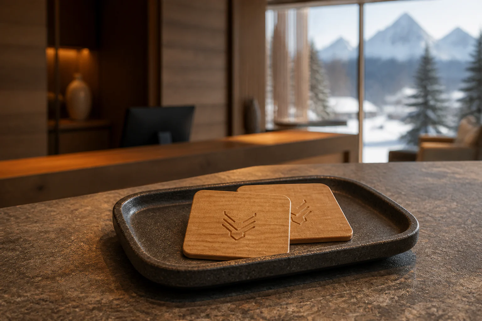 Two thin square Hotel Hubertus cherry-wood RFID room keys on a stone reception tray with snowy Dolomites beyond