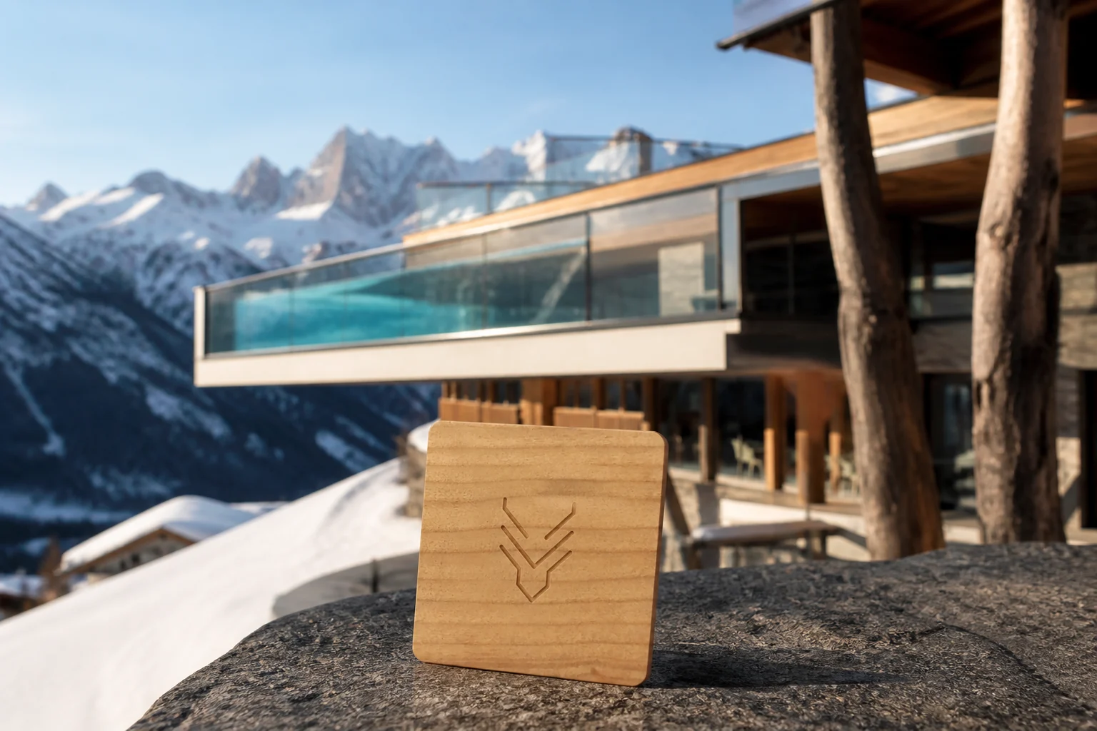 Square cherry-wood RFID room key produced for Hotel Hubertus beside its cantilevered Sky Pool in South Tyrol