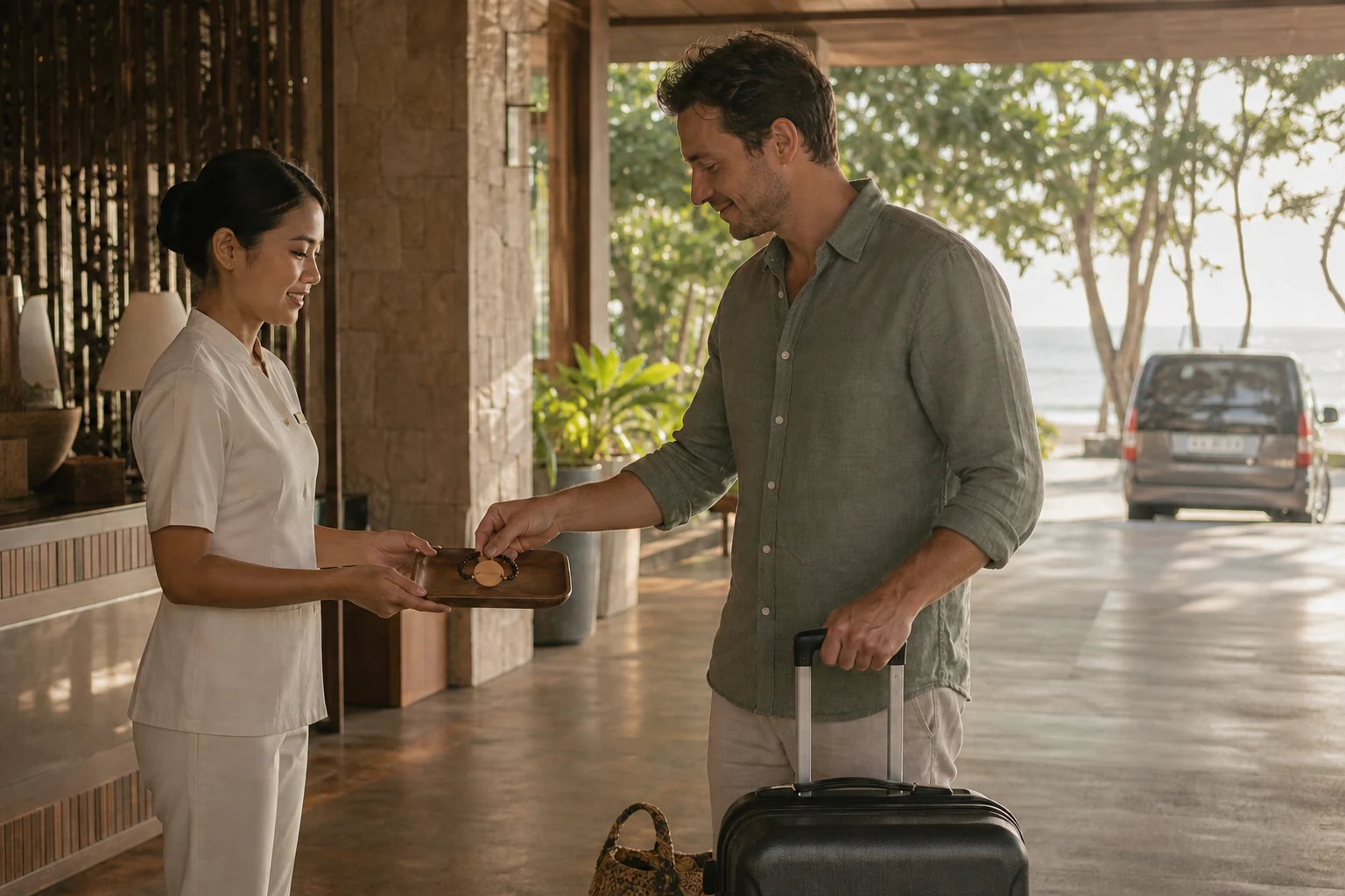 Departing resort guest returning a wooden bead RFID wristband to a host beside packed luggage and a waiting transfer