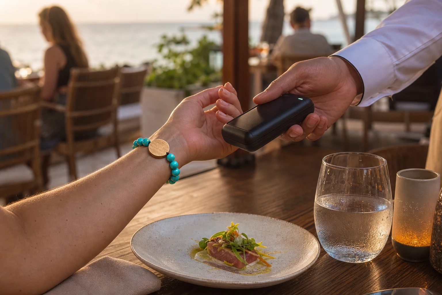 Guest presenting a turquoise bead RFID wristband to a handheld reader during dinner at an oceanfront resort restaurant