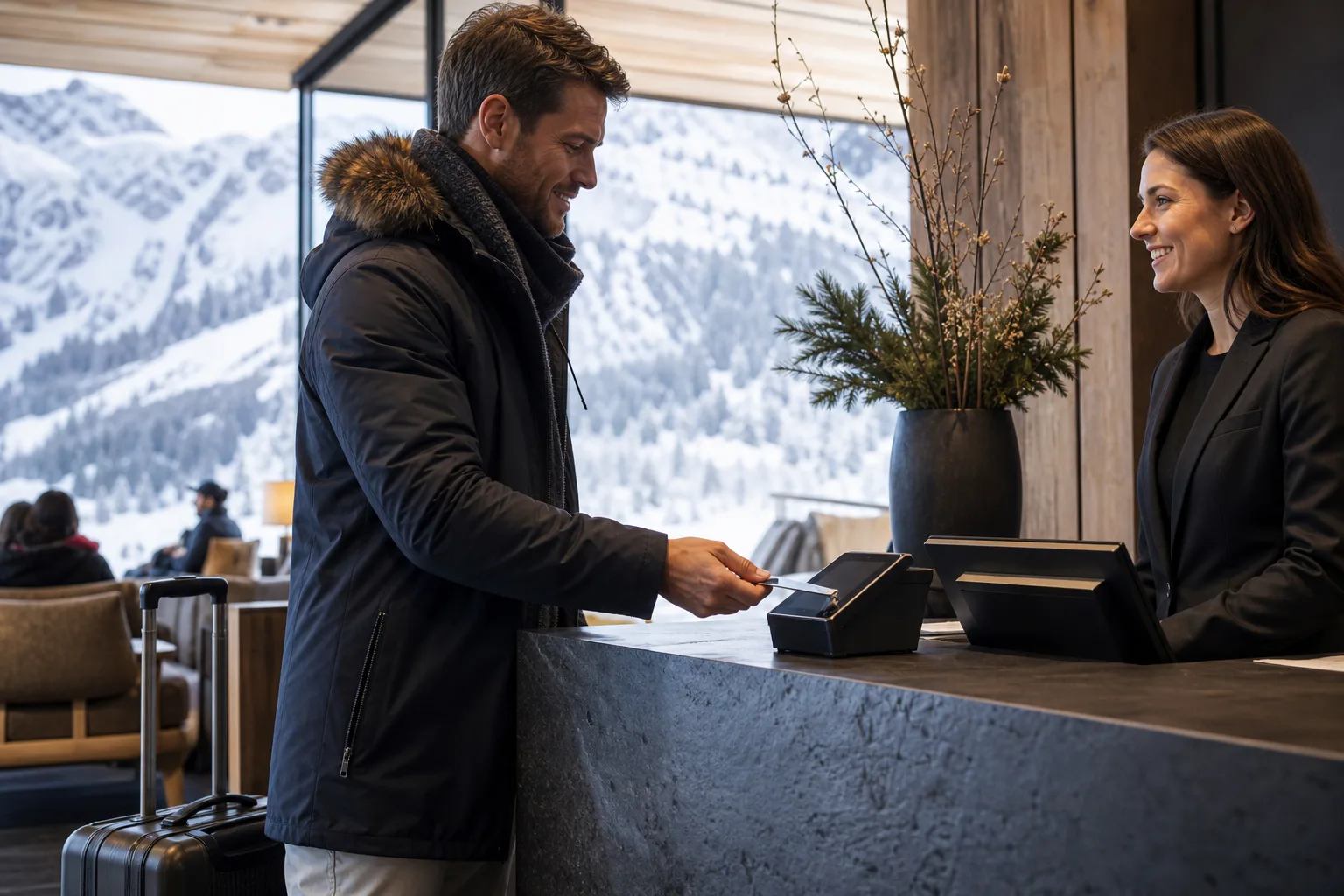 Guest presenting an RFID arrival card at a premium alpine resort reception
