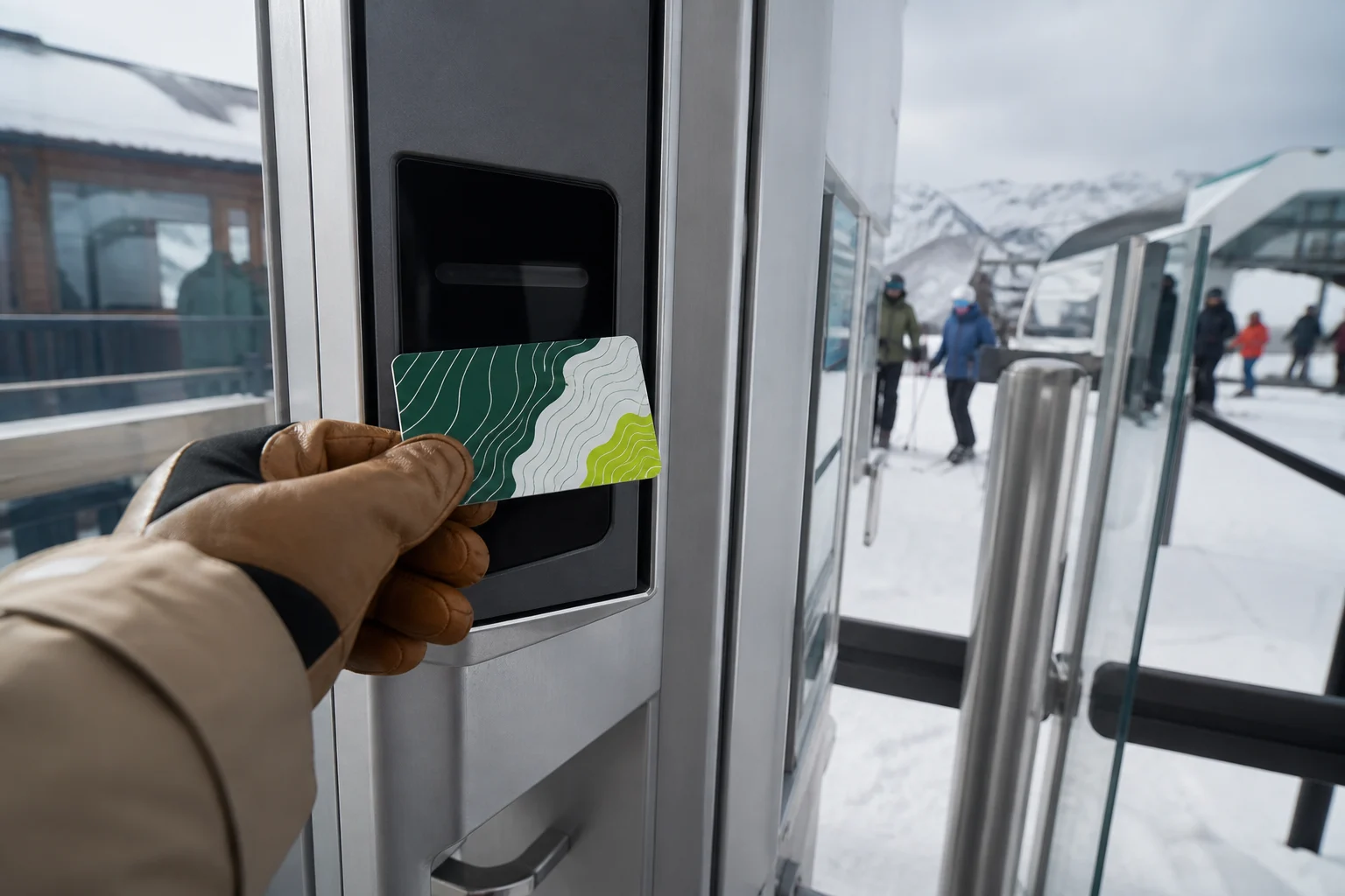 Custom RFID ski pass card presented at a modern lift gate