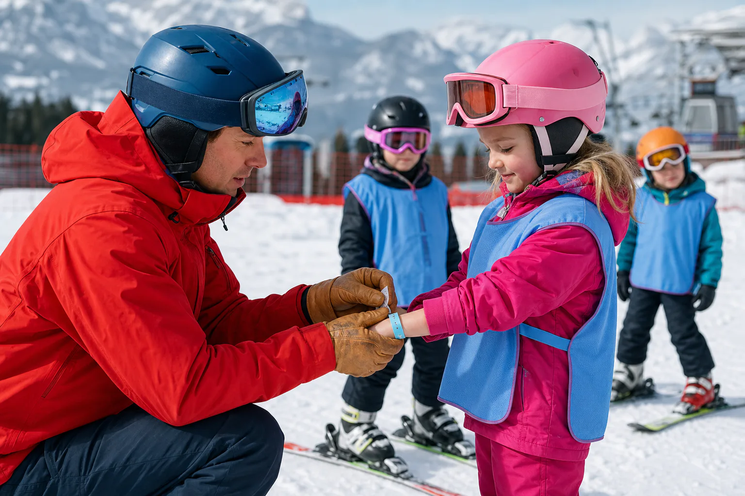 Ski instructor checking an adjustable RFID wristband for a child lesson group