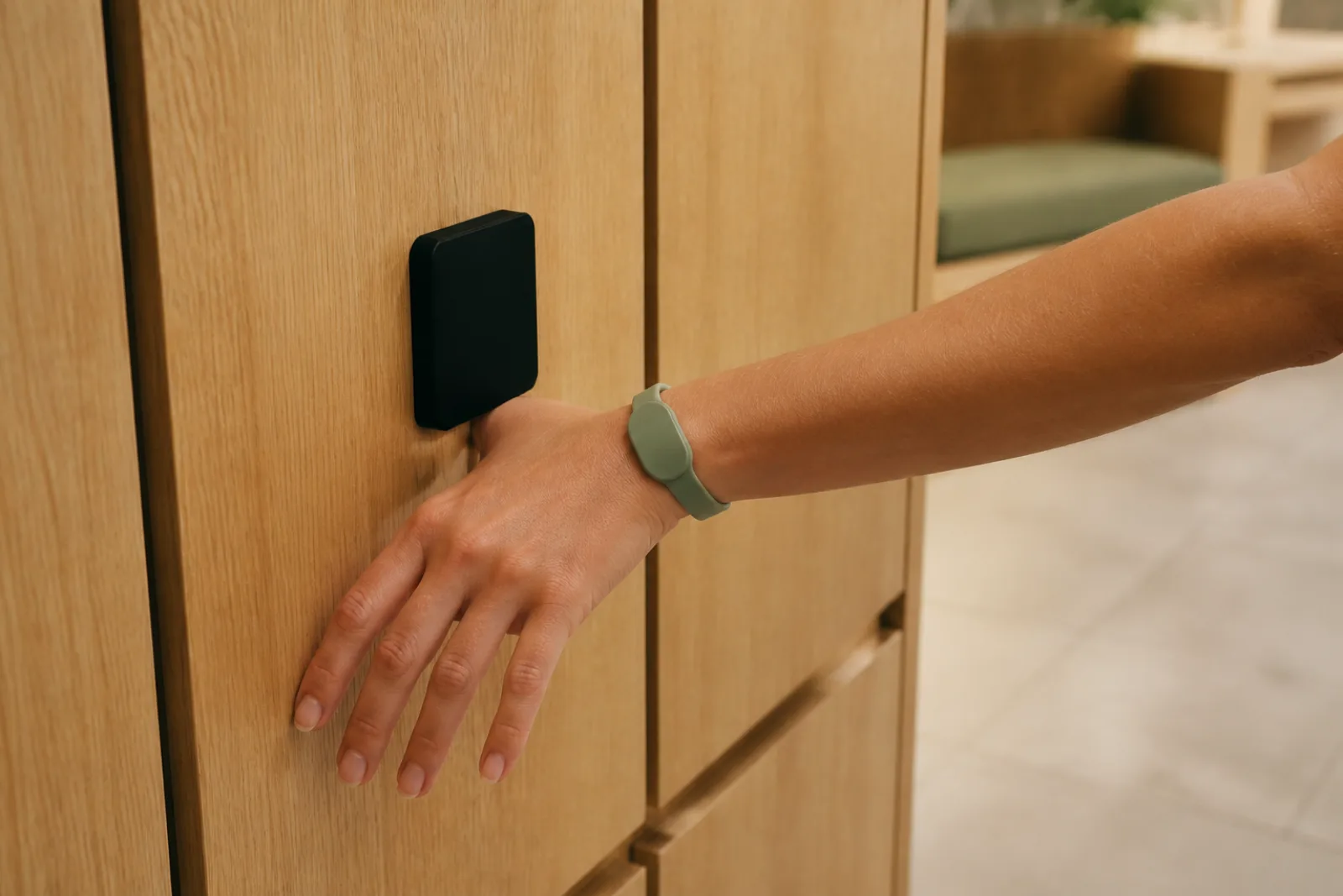 Guest presenting a blank sage silicone RFID wristband at a natural-oak spa locker reader