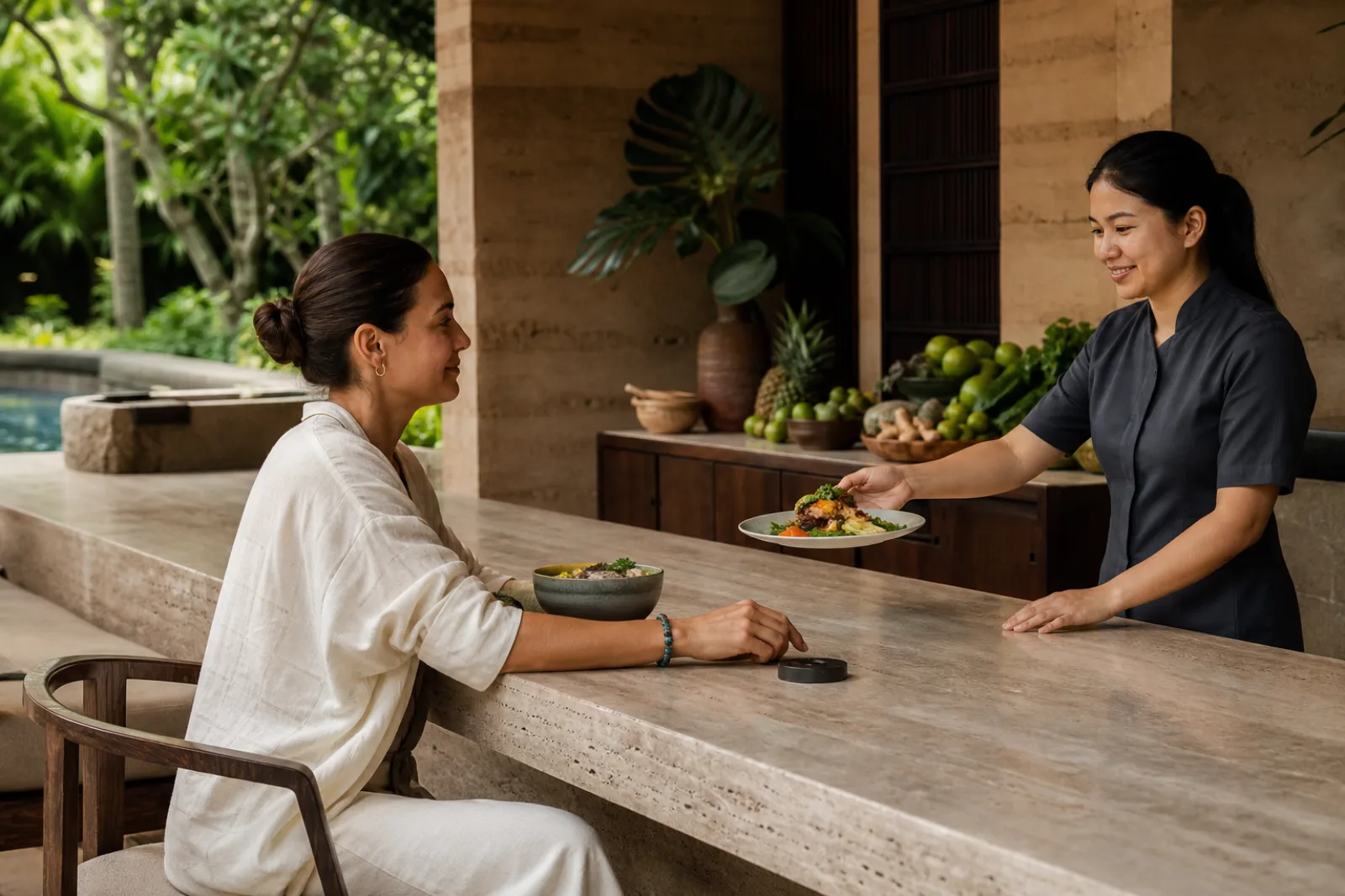 Wellness resort guest wearing a deep-teal bead RFID bracelet at a nutrition bar