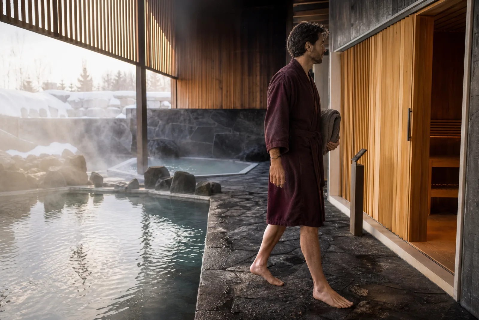 Wellness guest in a burgundy robe wearing a matching woven bamboo RFID wristband between mineral pools and a cedar sauna
