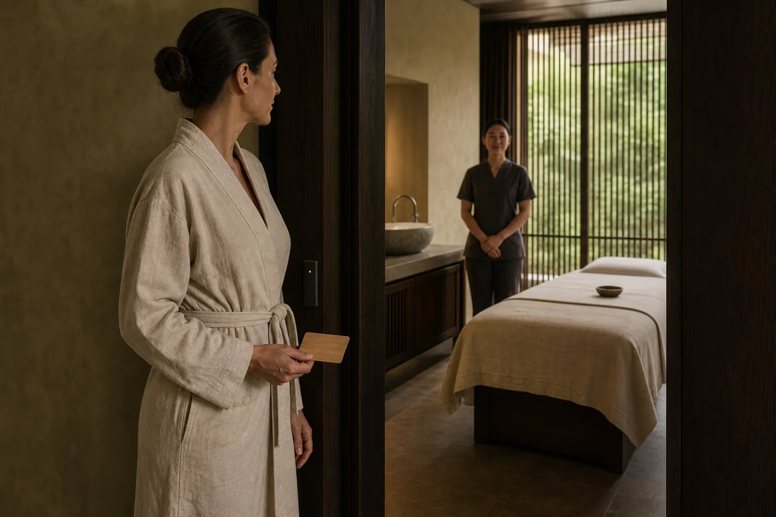 Wellness guest holding a blank natural wood RFID card at the entrance to a refined treatment suite