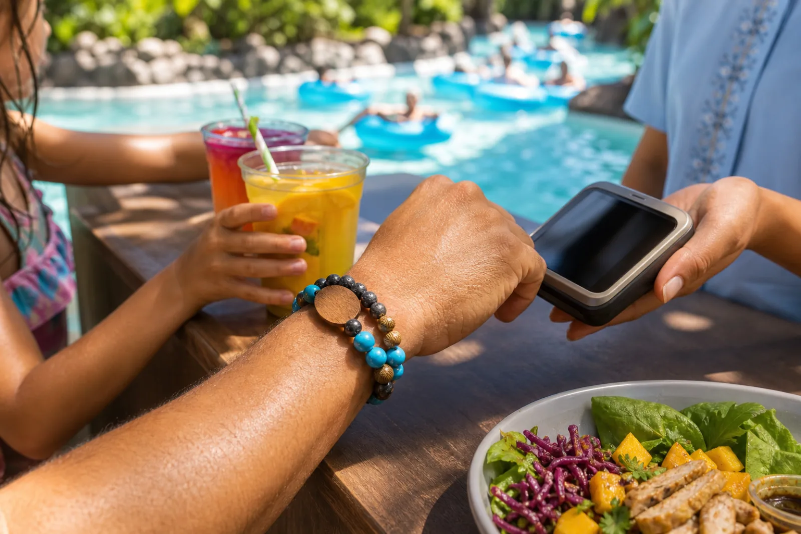 Guest presenting a turquoise and natural wood bead RFID wristband at a water park dining counter