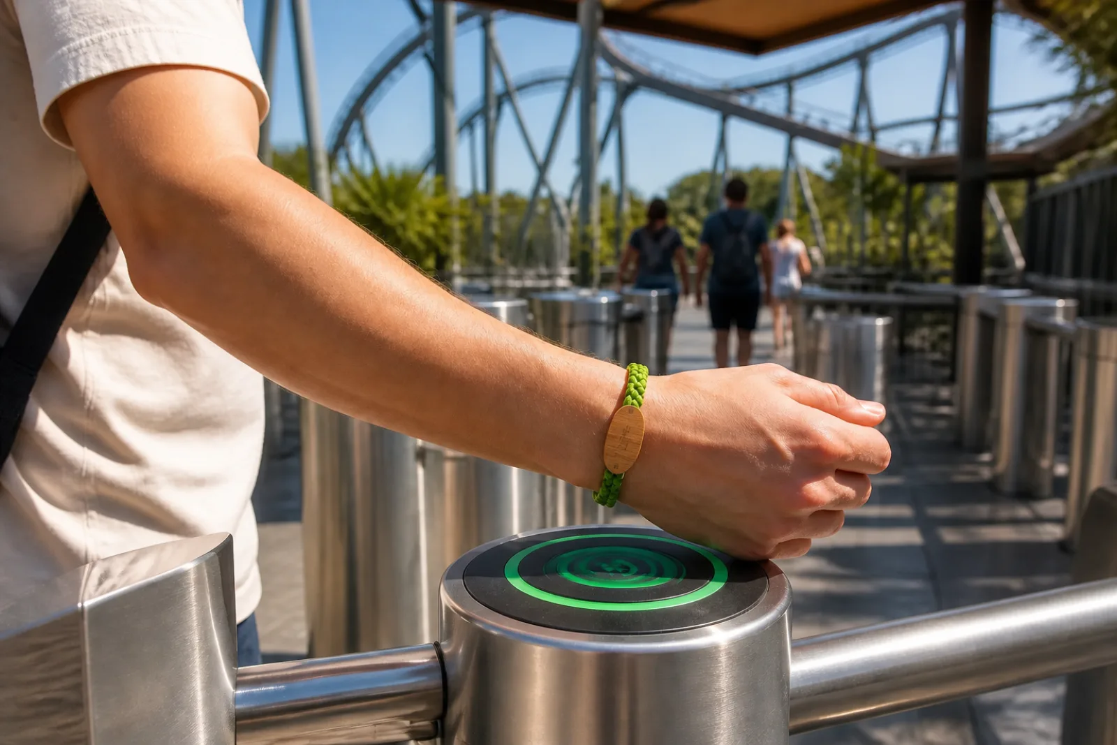 Theme park guest presenting a lime woven wooden RFID wristband at an admission turnstile with a roller coaster beyond