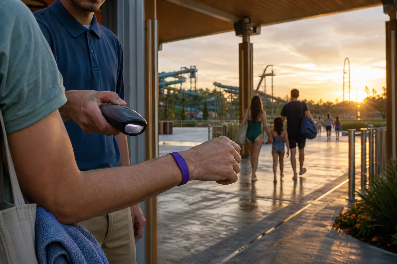 Guest presenting a violet reusable silicone RFID wristband for a final scan at a park exit at sunset