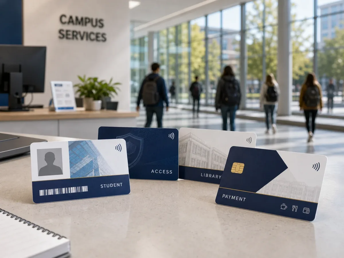 Legitymacje studenckie RFID oraz karty dostępu, biblioteczne i płatnicze na ladzie biura obsługi kampusu