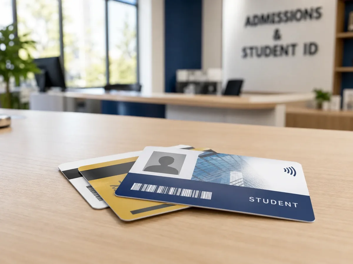 Legitymacja studencka RFID ze zdjęciem i kodem kreskowym na biurku w dziale rekrutacji uczelni