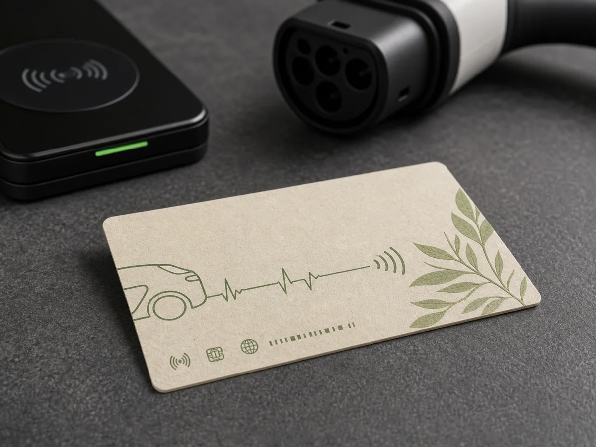 Cartão RFID de recarga em biofibra com o contorno de um carro elétrico impresso, ao lado de um conector de recarga