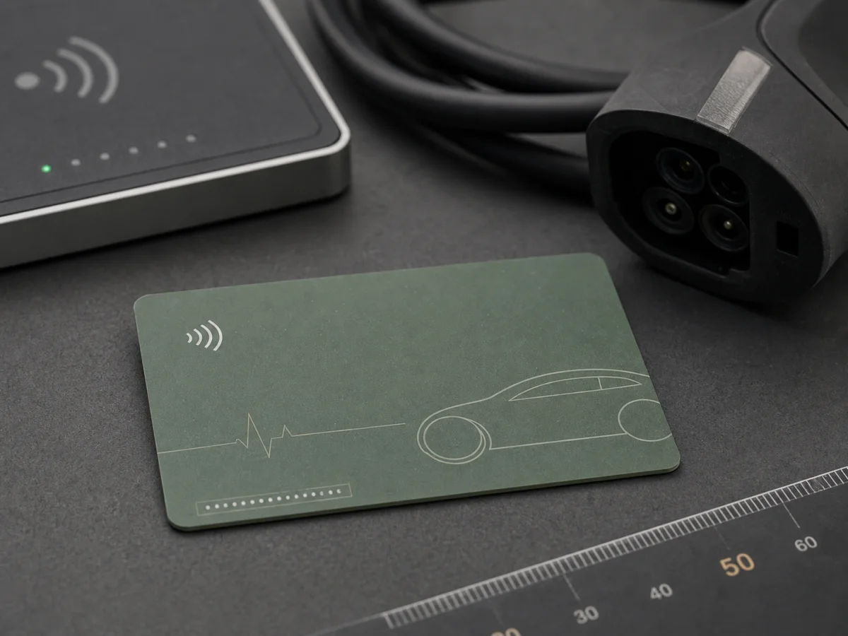 Cartão RFID de recarga verde em PVC reciclado com desenho minimalista de carro, ao lado de um leitor de cartões e de um conector de recarga
