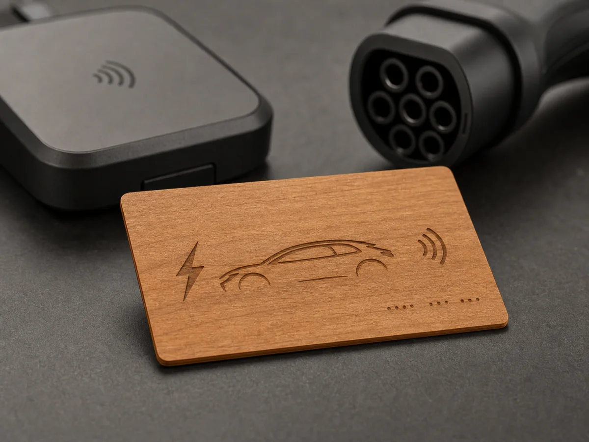 Cartão de recarga de madeira gravado a laser com símbolo de raio e contorno de carro, ao lado de um plugue de recarga