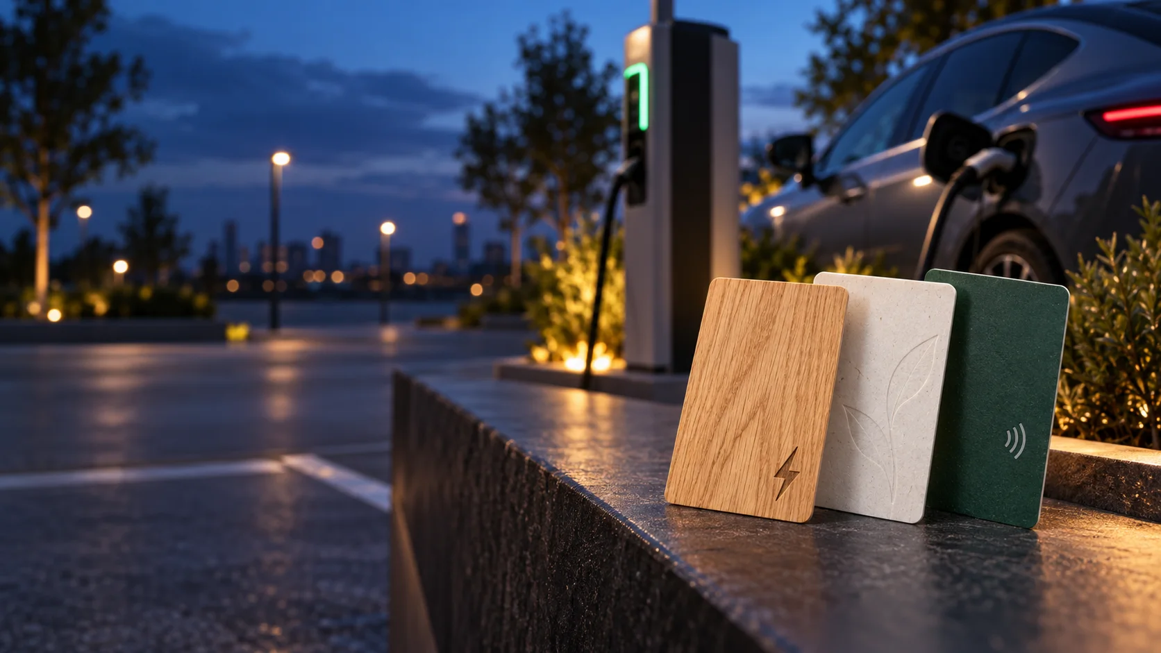 Cartões RFID de recarga de madeira, material de origem vegetal e PVC reciclado diante de um ponto de recarga público ao entardecer