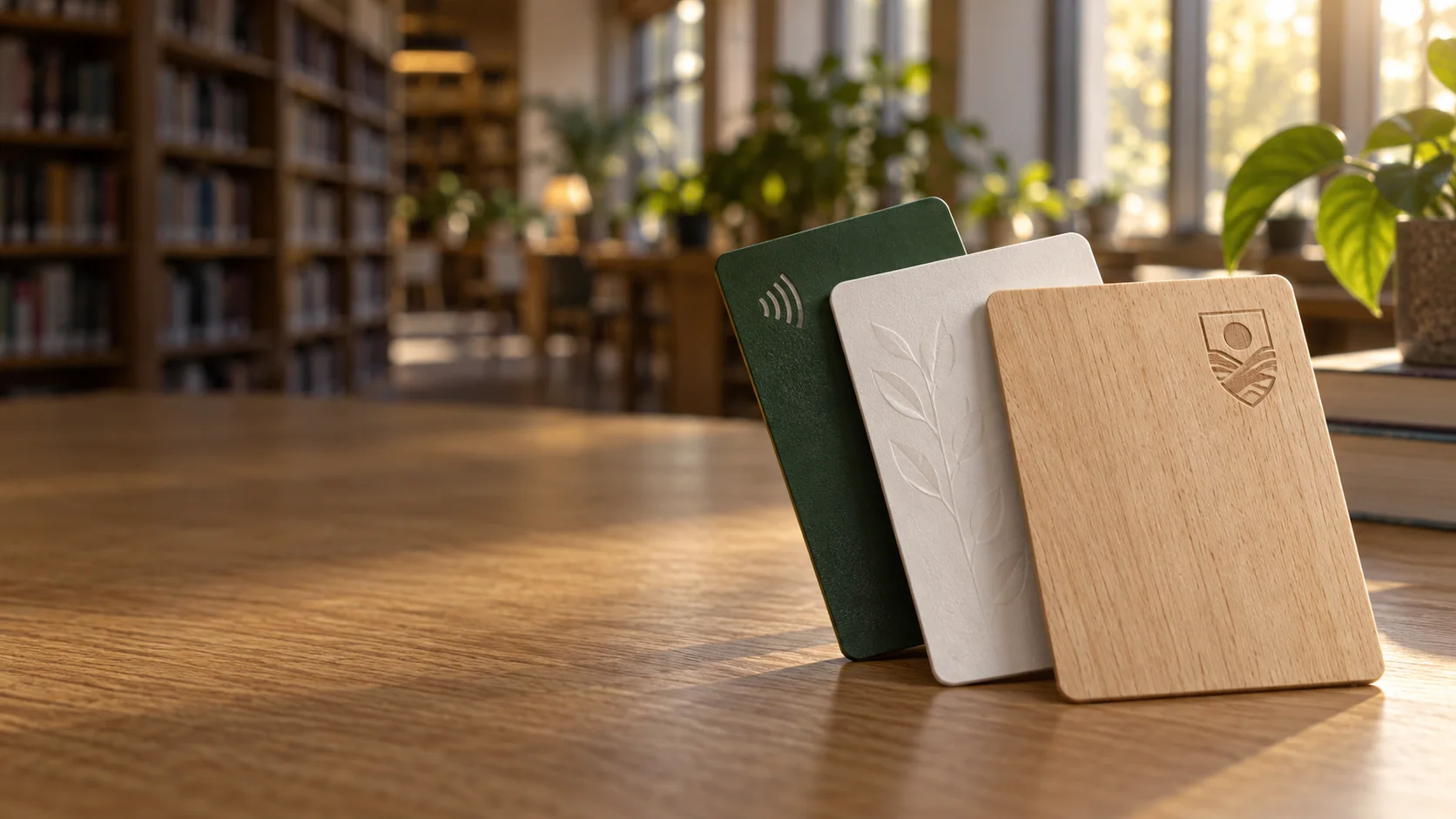 Carteirinhas estudantis RFID de madeira, material de origem vegetal e PVC reciclado sobre uma mesa de biblioteca universitária