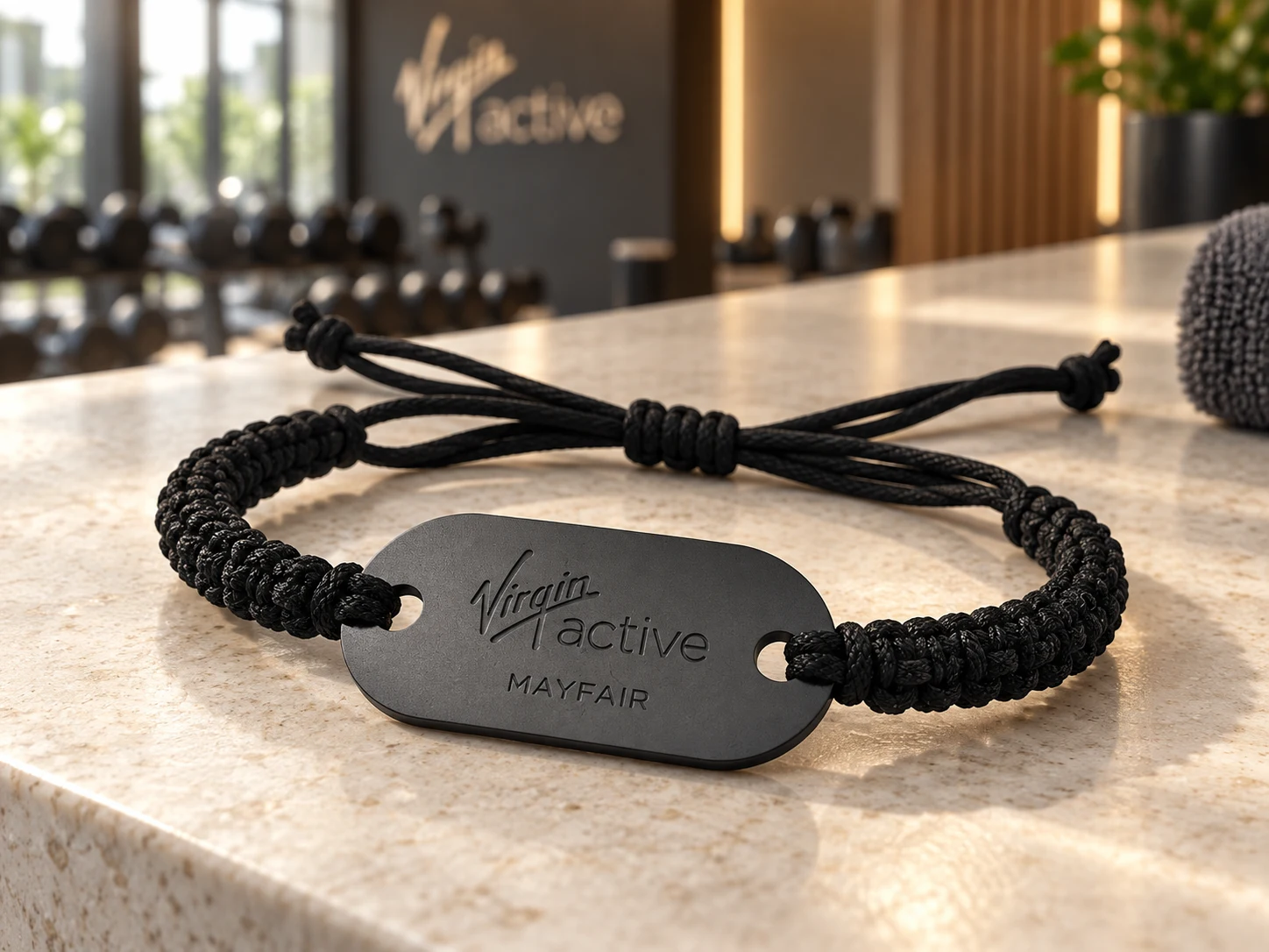 Illustrative campaign image of the Virgin Active Mayfair black braided wristband on a pale stone surface