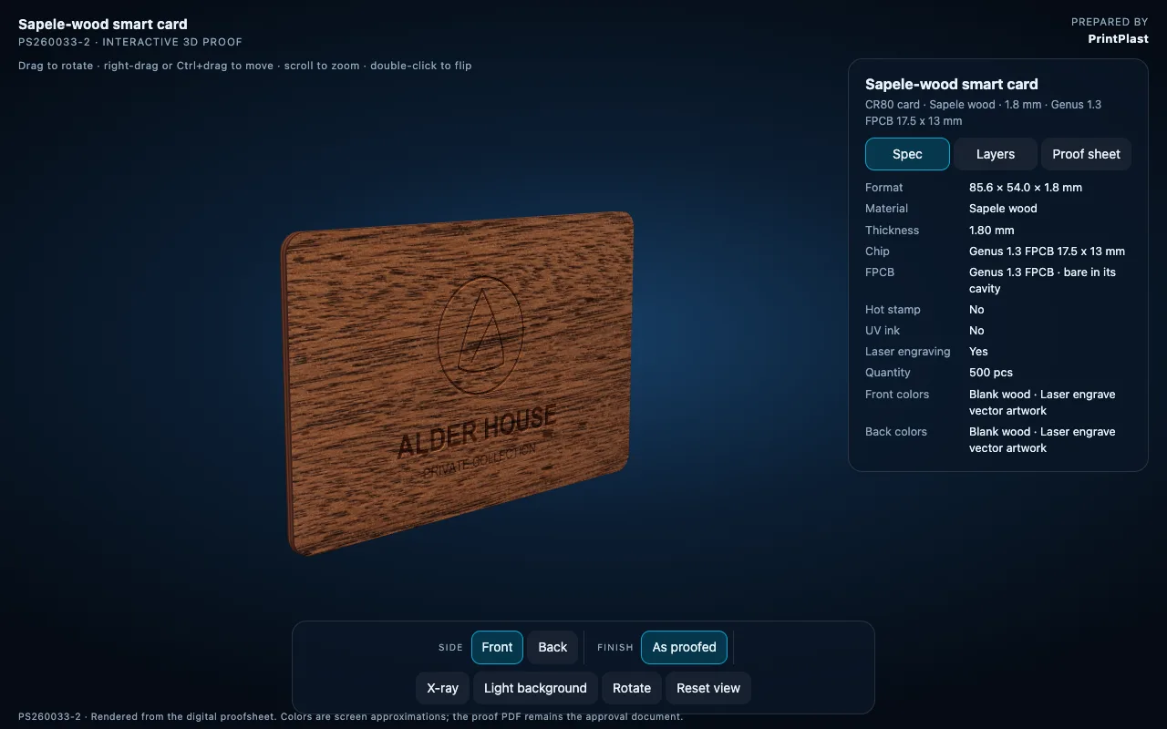3D hotel key card proof showing a sapele wood card with laser-engraved logo and a spec panel listing format, material, thickness, chip and finishes
