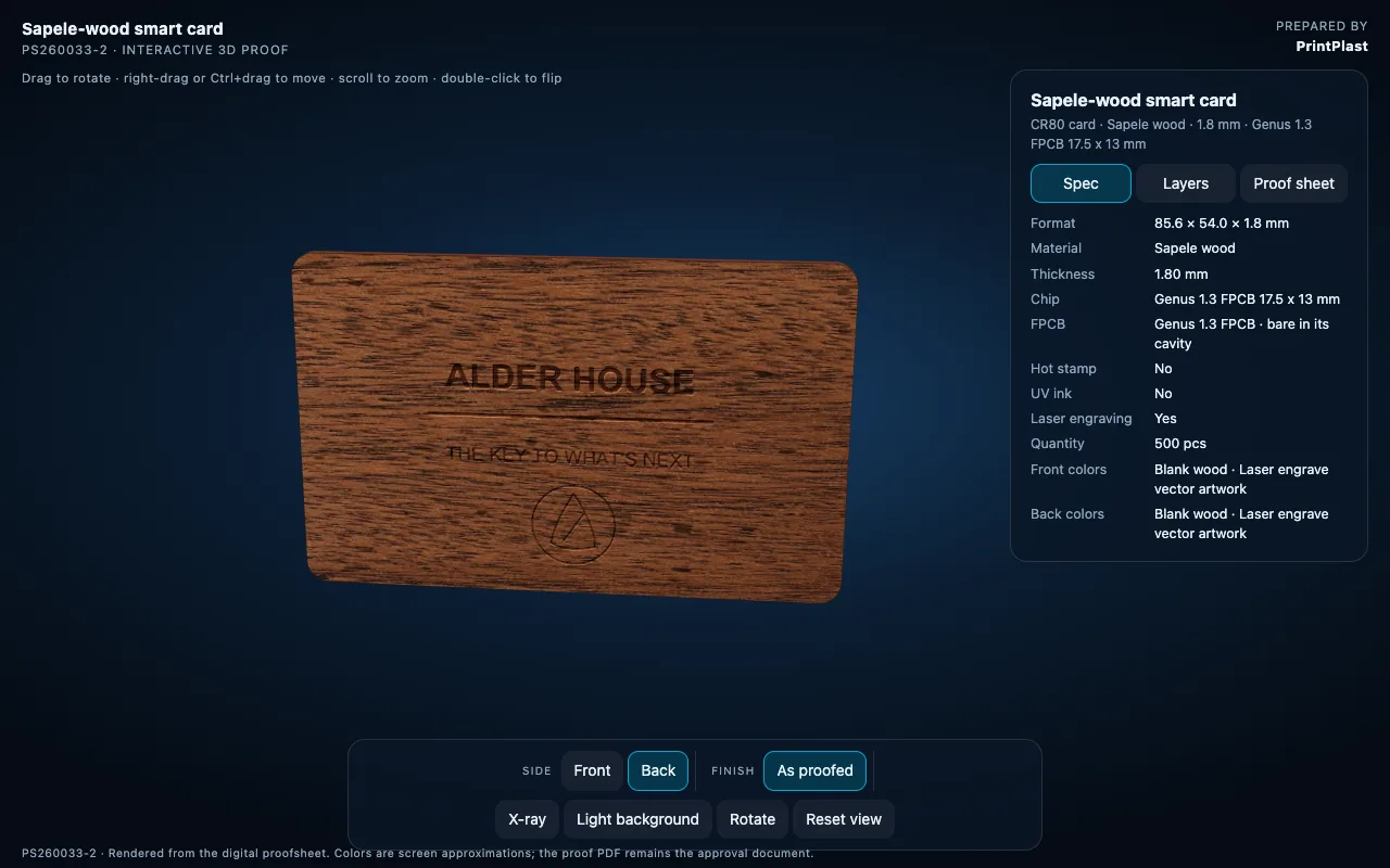 Sapele wood hotel key card rotated in the 3D proof viewer to show the engraving in the wood grain