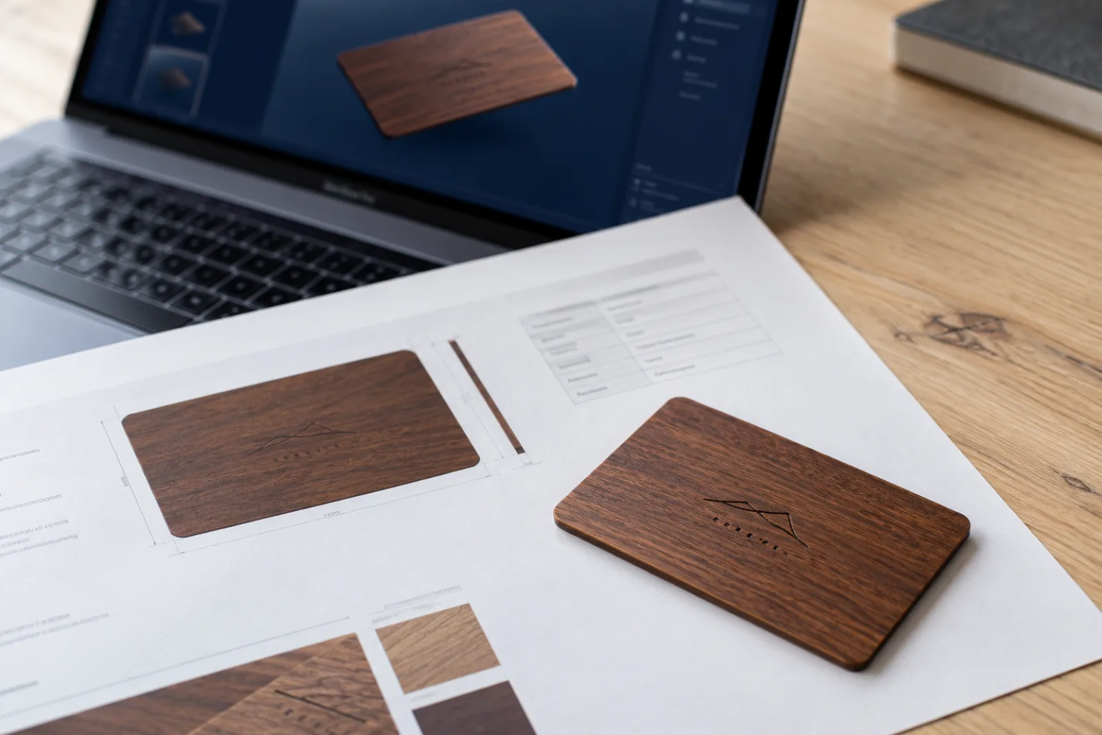 Laser-engraved sapele wood hotel key card on its printed proof sheet, with the 3D proof of the same card on a laptop behind